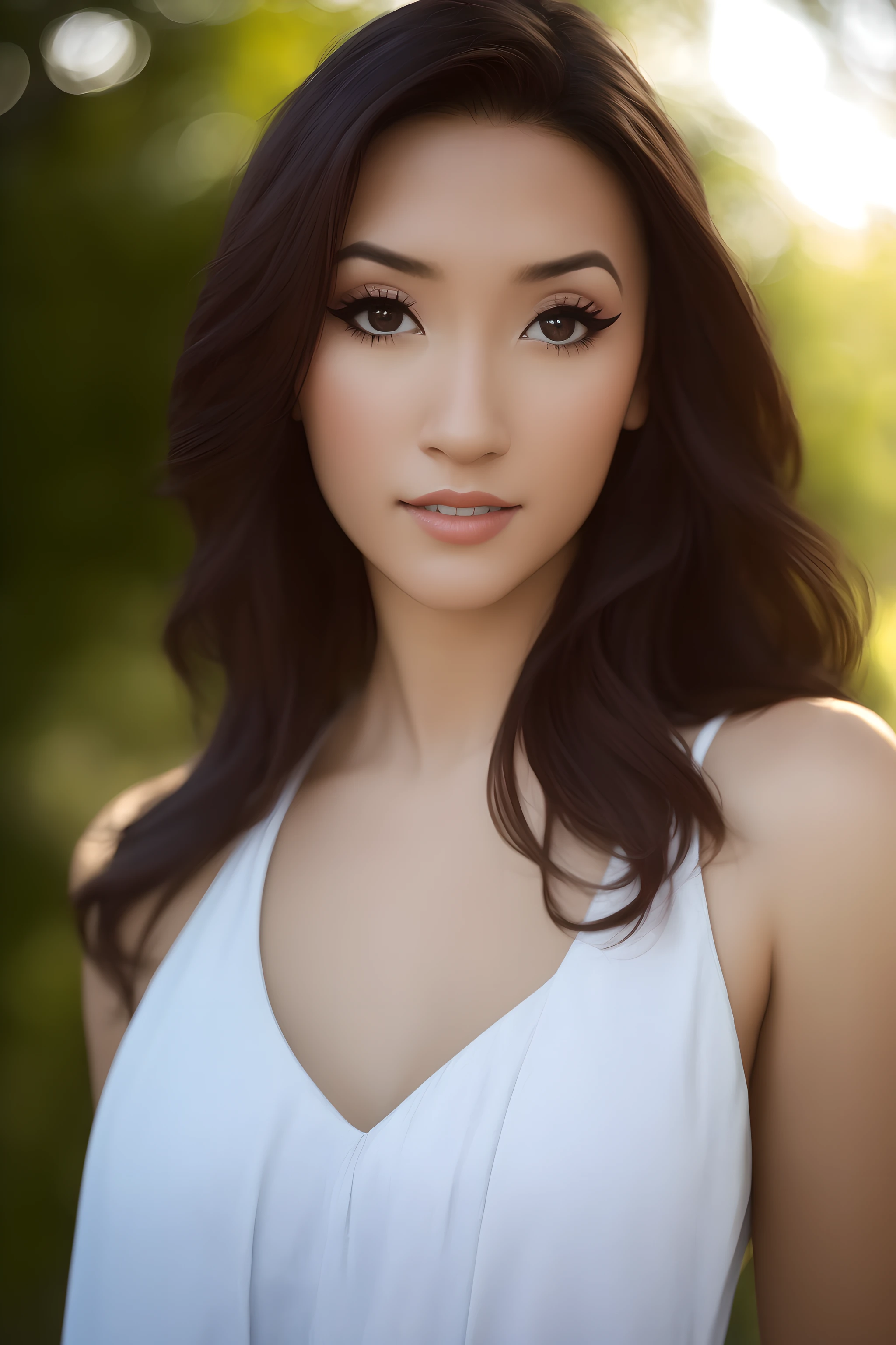 <lora:Christina_Dark:1>,
photo of beautiful (Christina_Dark), ((ultra detailed, masterpiece, best quality)), flirty expression, best quality, ultra high res, ultra detailed face and eyes, (photorealistic:1.4), solo Latina woman, brown eyes,
(extremely detailed skin), (masterpiece), (flawless skin), (model pose), (natural light), (high quality photography), (intricate details), (8k), (HDR), (sharp focus) (Perfect Face) , f2, 35mm, film grain,
Christina_Dark standing sideways to the viewer looking back, standing perpendicular, bare shoulders, blurry background, bokeh, brown eyes, bush, day, depth of field, forehead, lips, long hair, looking at viewer, motion blur, open mouth, outdoors, realistic, tank top, teeth, tree, upper body, (extremely detailed skin), (flawless skin), (model pose), (natural light), (high quality photography), (intricate details), (8k), (HDR), (sharp focus)