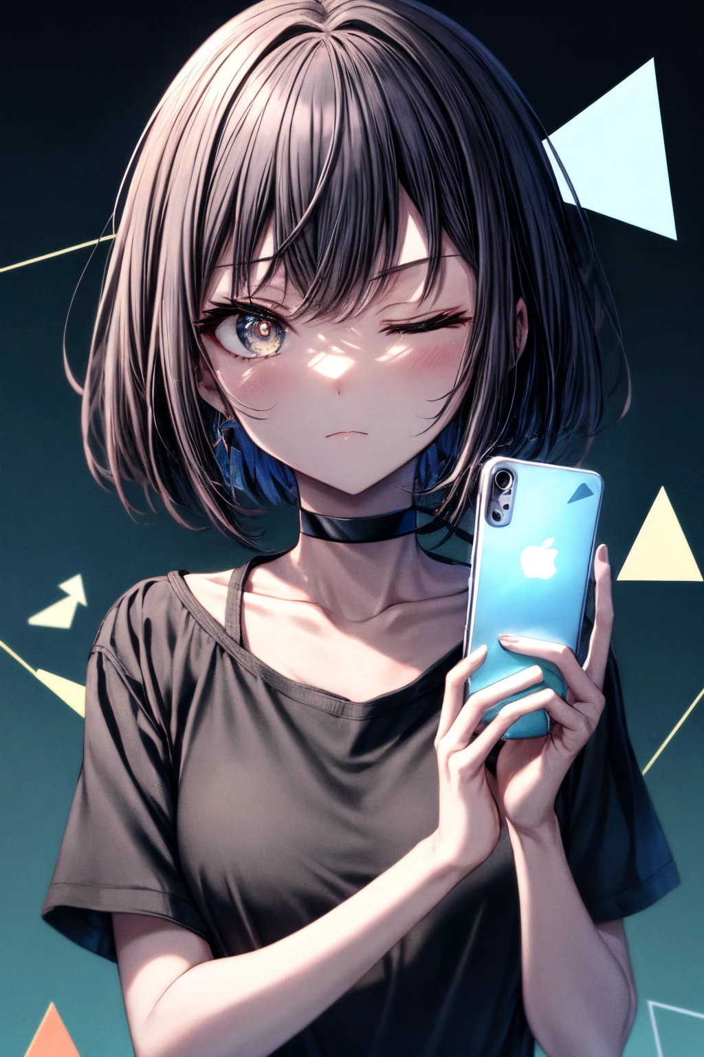 (masterpiece), best quality, expressive eyes, perfect face, enanan, looking at viewer, shirt, long sleeves, holding, closed mouth, collarbone, short sleeves, one eye closed, choker, black shirt, blue background, black choker, phone, cellphone, smartphone, holding phone, layered sleeves, triangle, <lora:more_details:0.7>, <lora:1f65056e-d7f1-44bc-b9cc-c376670e3fc0:0.7>, <lora:GoodHands-beta2:0.7>