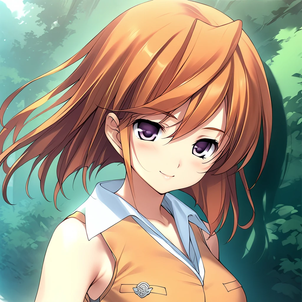 (masterpiece),(best quality),(ultra-detailed),(best illustration),(best shadow),(absurdres),(detailed background),(very aesthetic), mai tokiha, standardoutfit, 1girl, solo, purple eyes, smile, shirt, orange shirt, orange hair, sleeveless, school uniform, breasts, upper body, emblem, portrait, <lora:XL-Mai_Tokihaé´ç¾½_èè¡£_-_Mai-HiMEè-HiME_SDXL_Animagine_XL_3.1v1ALT:1>