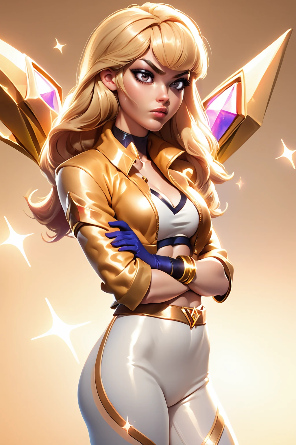 score_9, score_8_up, score_7_up, masterpiece, high quality
 <lora:KDA KaisaPony:1> Prestige, 1girl, long hair, blonde hair, bangs, cleaverage, sports bra, coat, single glove, golden bracelet, midriff, trousers, sash, detached wings
 <lora:3D_Animation_Diffusion_Pony_style:1> solo, lips, sparkle, gold theme, arms crossed, eyes open, pouting, Hamster cheeks