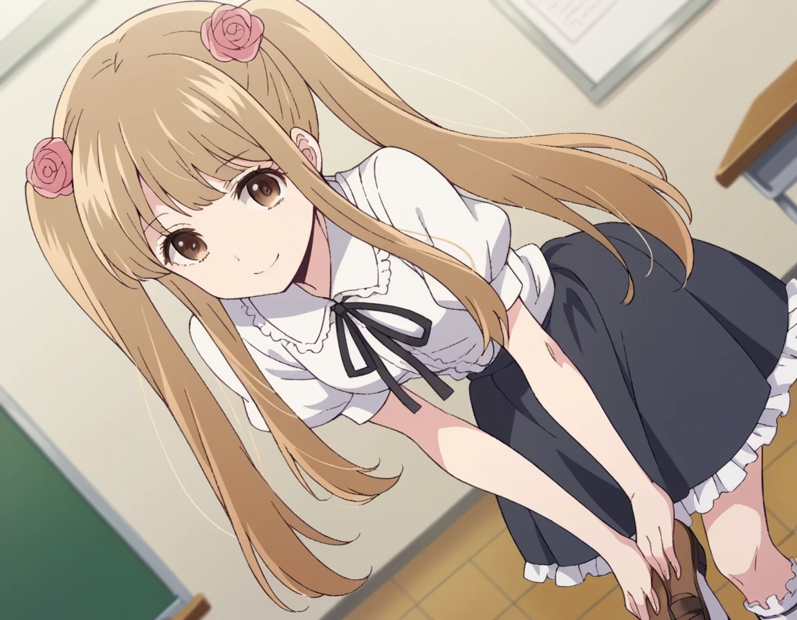 score_9, score_8_up, score_7_up, source_anime,
norikokamomebata, <lora:noriko-kamomebata-s1-ponyxl-lora-nochekaiser:1>,
noriko kamomebata, long hair, blonde hair, brown hair, hair ornament, twintails, brown eyes, flower, hair flower,
skirt, shirt, ribbon, short sleeves, frills, shoes, socks, puffy sleeves, black skirt, neck ribbon, white socks, mary janes, frilled socks,
indoors, classroom, bent over, smile,
looking at viewer, cowboy shot, dutch angle, solo,