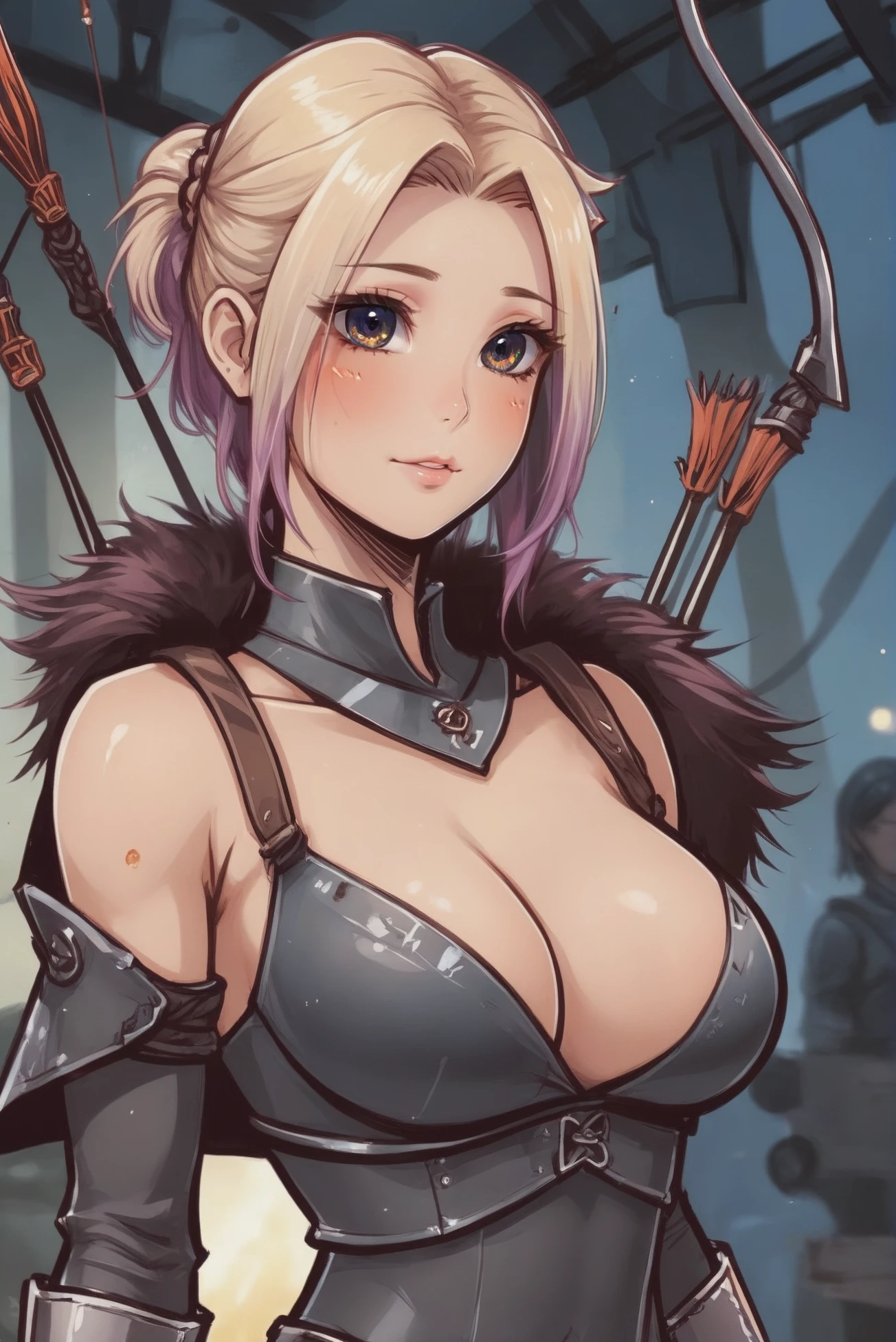 anime digital painting, seductive smile, 1girl, woman, stoic mountain celtic archer, (muscular:1.3), (warpaint:1), fur cape, leg up, bombshell hair, corroded color:peachpuff metal hair, bombshell hair, steelblue clothes, slim, atheletic figure, narrow waist, medium breasts, chinese, brightly lit interior, in a Medieval robot factory<lora:EnvyStarlightAnime04:1>