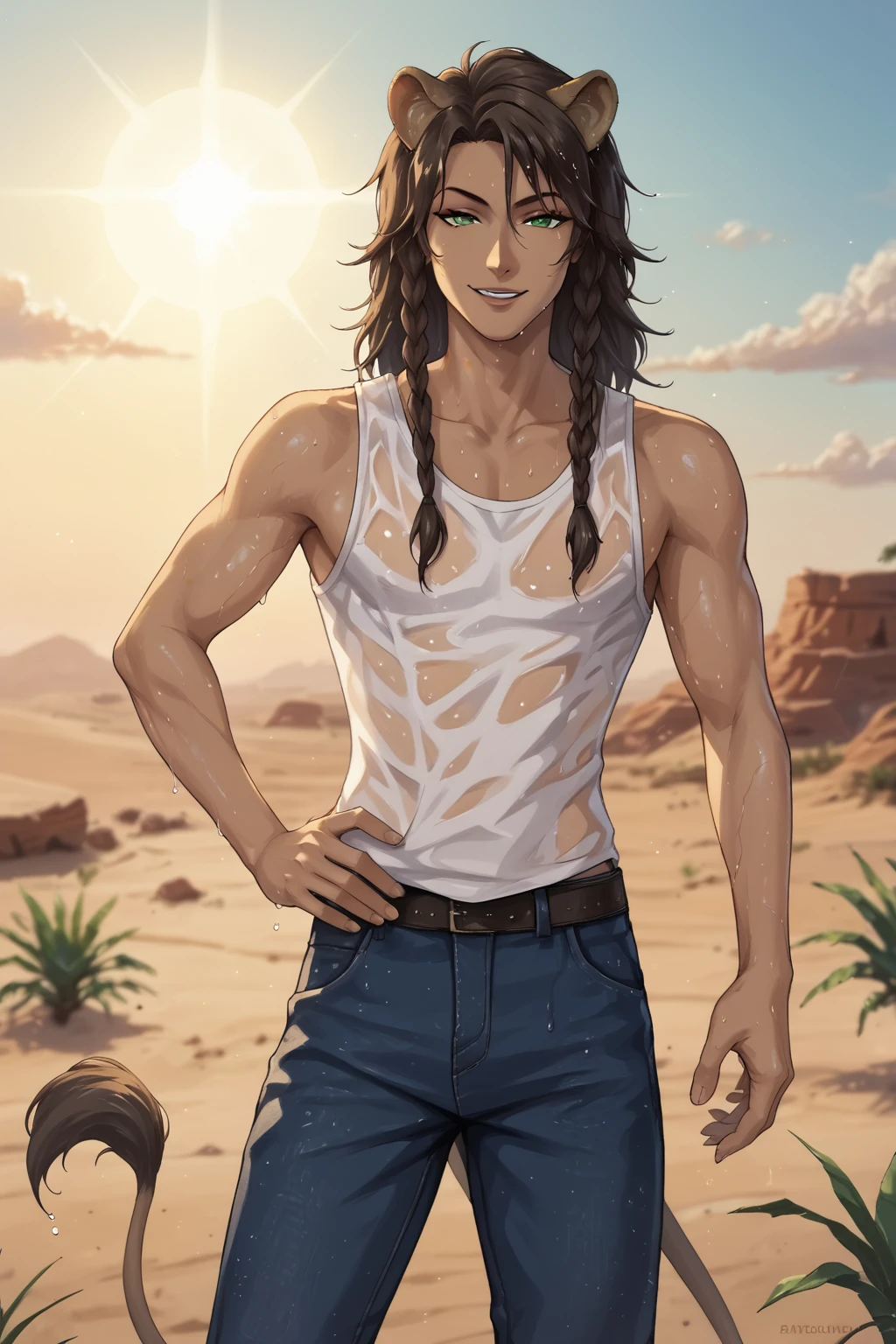 score_9, score_8_up, score_7_up, source_anime, BREAK, 1boy, bishounen, dark skin, dark brown hair, twin braids, long hair, lion ears, green eyes, (perfect eyes:1.2), toned, white tanktop, blue jeans, sweat, wet, detailed eyelashes, broad shouldered, seductive smile,
BREAK, (three quarter view:1.4), outdoors, desert, savannah, sun, day, hand on hip, leaning, boy, leona_kingscholar<lora:EMS-342536-EMS:1.000000>, <lora:EMS-18850-EMS:0.800000>, <lora:EMS-361072-EMS:0.800000>