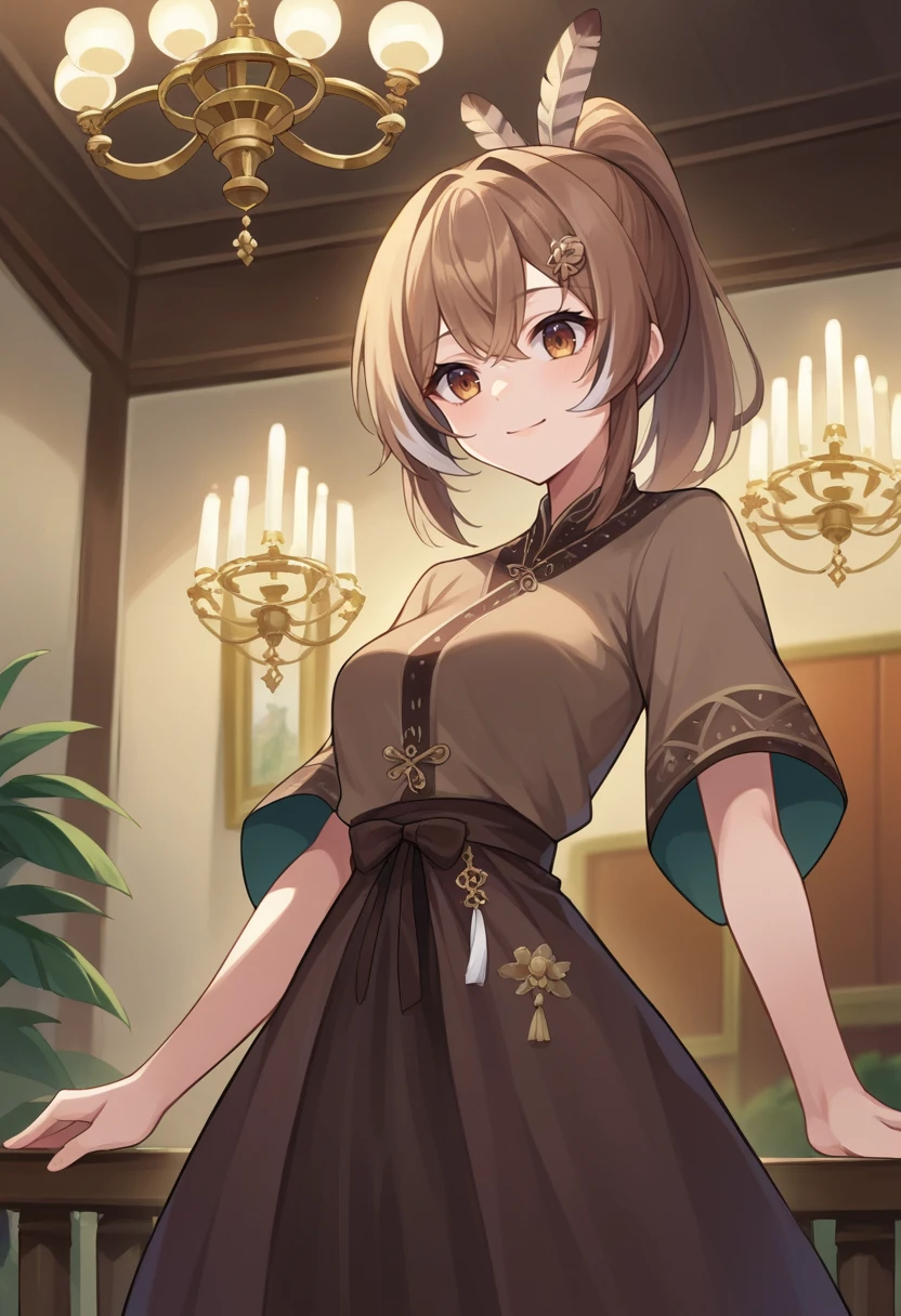 score_9, score_6_up, source_anime, 1girl, solo, mumei, ponytail, feather hair ornament, brown dress, light smile, chandelier <lora:mumeiXL:0.8>