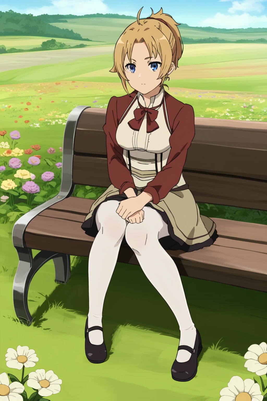 ,,,masterpiece,best quality,highres,4k,8k,intricate detail,cinematic lighting,perfect_eyes,High face detail,rating_explicit,high resolution,detailed eyes,
(score_7_up), source_anime,anime coloring,anime,(anime screencap),,zPDXL,
,,detailed background,, day, outdoors, flower field, village,
,sitting, looking at viewer, full body, expressionless, sitting on bench,
, alternate costume, ,
,black dress, blouse, white shirt, red bow tie, white pantyhose, mary jane shoes, black leather shoes. , mary janes,
,,zenith greyrat,mushoku tensei, short hair, blonde hair, blue eyes, ahoge, parted bangs, short ponytail,mature female,short skirt,
, <lora:Zenith_Greyrat_PonyXL_v1:0.7>