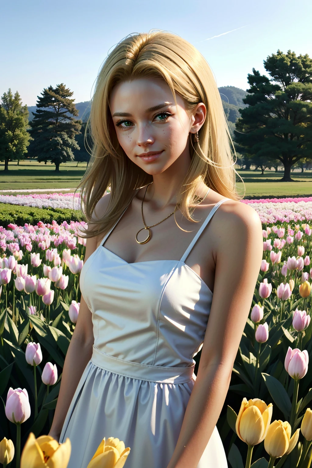 ((ultra detailed, masterpiece, absurdres))
 <lora:CPAlt:0.8>
CPAlt, 1girl, blonde hair, green eyes, in a field of tulips, golden hour, elegant dress, smiling