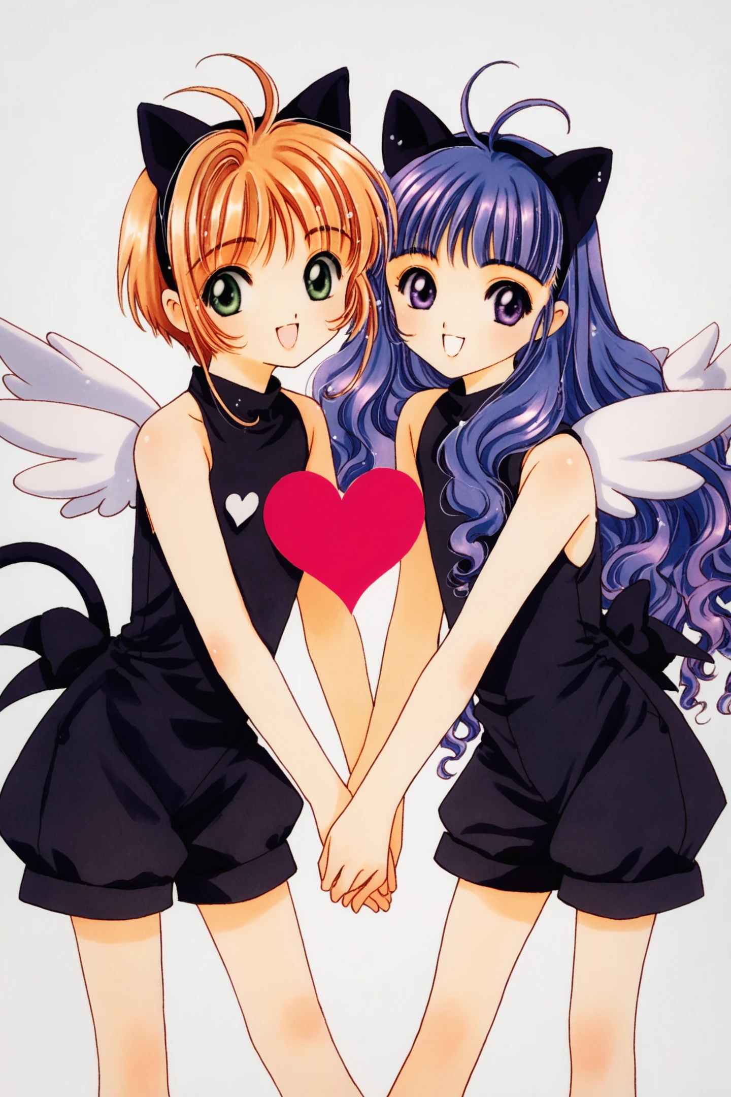 daidouji tomoyo,multiple girls,animal ears,2girls,cat ears,kinomoto sakura,long hair,1990s (style),smile,wavy hair,wings,bangs,green eyes,heart,white background,dress,retro artstyle,short hair,blunt bangs,looking at viewer,open mouth,holding hands,fake animal ears,brown hair,black dress,simple background,shorts,hairband,:d,sleeveless,cowboy shot,antenna hair,purple eyes,purple hair,white wings,bare shoulders,leaning forward,sleeveless dress,black shorts,short dress,standing,blue hair,score_9,score_8_up,<lora:Card Captor Sakura_XL_PONY:0.8>,