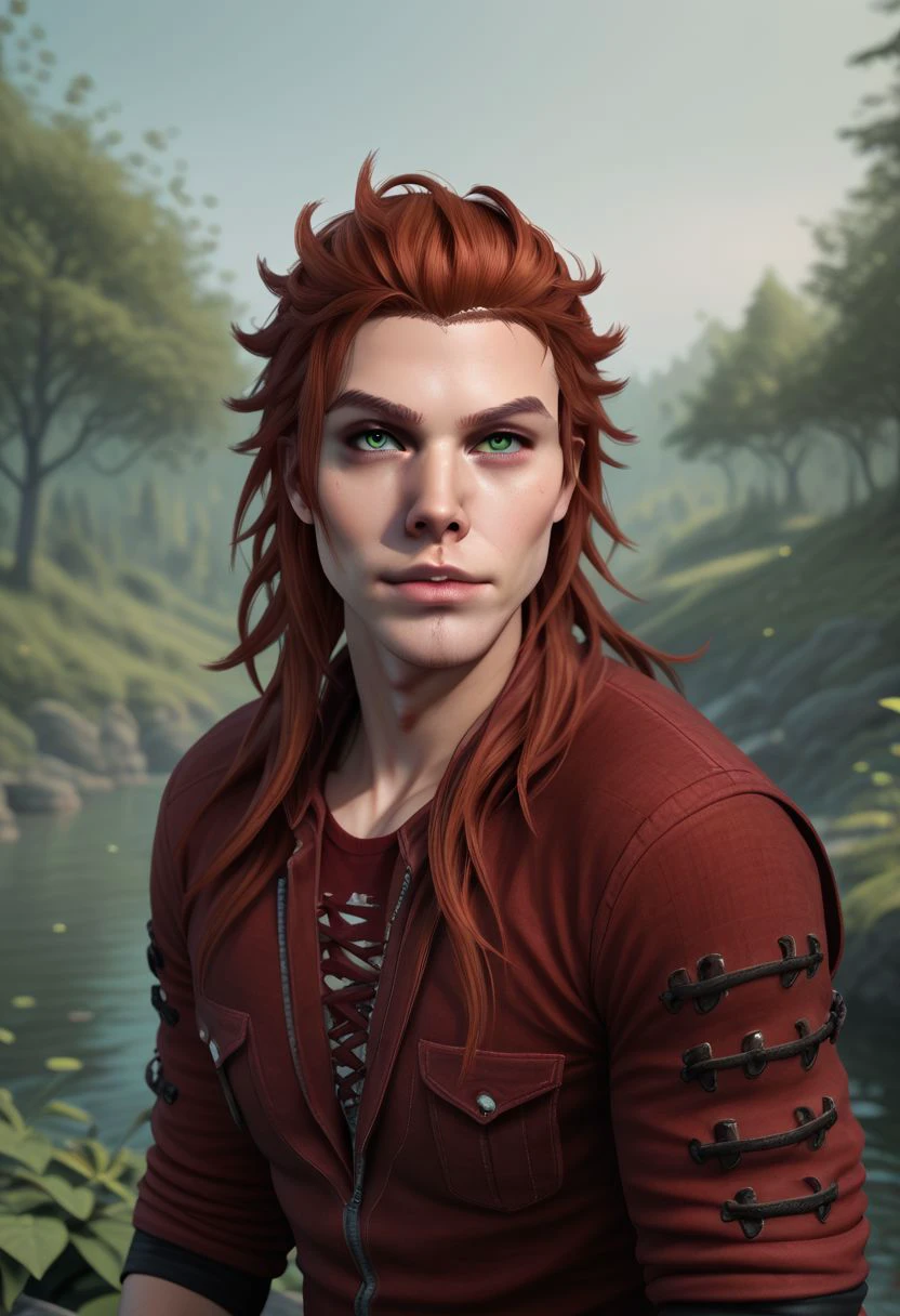 rpskxzt, solo, realistic, 1boy, red hair, long hair,  green eyes, looking at viewer, outdoors, sidelighting,  score_9, score_8_up, score_7_up, score_6_up, score_5_up, score_4_up