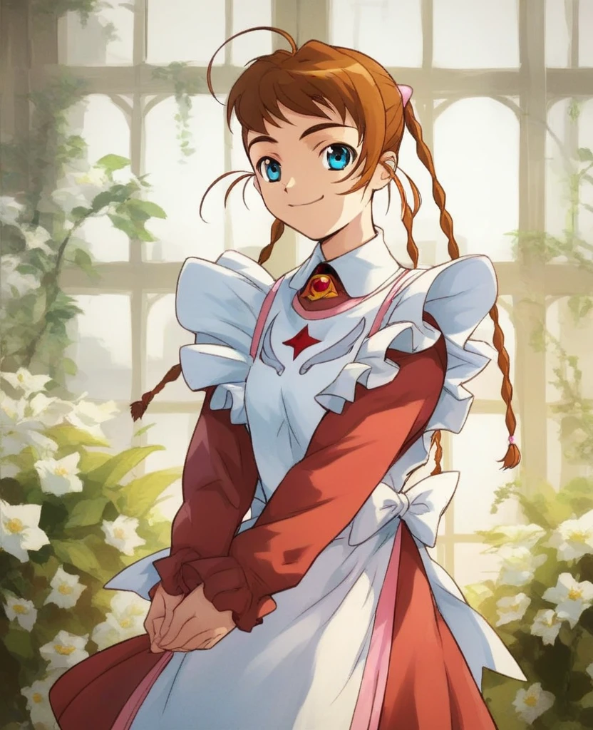 <lora:ArikaPony1.0:1> arikayumemiya, 1girl, brown hair, solo, braid, blue eyes, twin braids, ahoge, long sleeves, dress, maid, smile,standing, looking at viewer, score_9, score_8_up, score_7_up, score_6_up, score_5_up, score_4_up