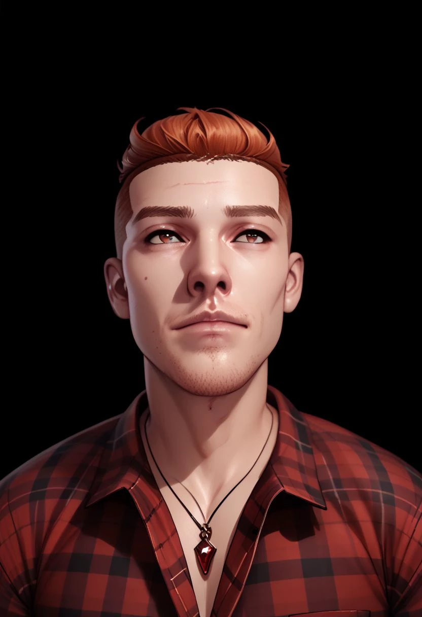 rpskxzt, 1boy, male focus, solo, jewelry, facial hair, shirt, necklace, black background, red shirt, stubble, upper body, plaid, plaid shirt, simple background, score_9, score_8_up, score_7_up, score_6_up, score_5_up, score_4_up