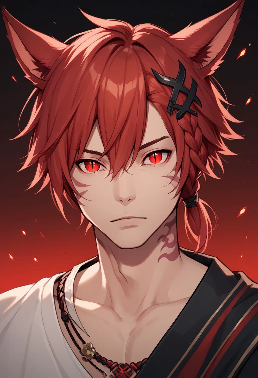 grahatiaffxivdsk, 1boy, male focus, solo, animal ears, red eyes, red hair, tattoo, miqo'te, neck tattoo, cat ears, looking at viewer, hair between eyes, facial mark, hair ornament, x hair ornament, bangs, holding, glowing, slit pupils, braid, short hair, portrait, jewelry, short ponytail, PonyXLV6_Scores zPDXL