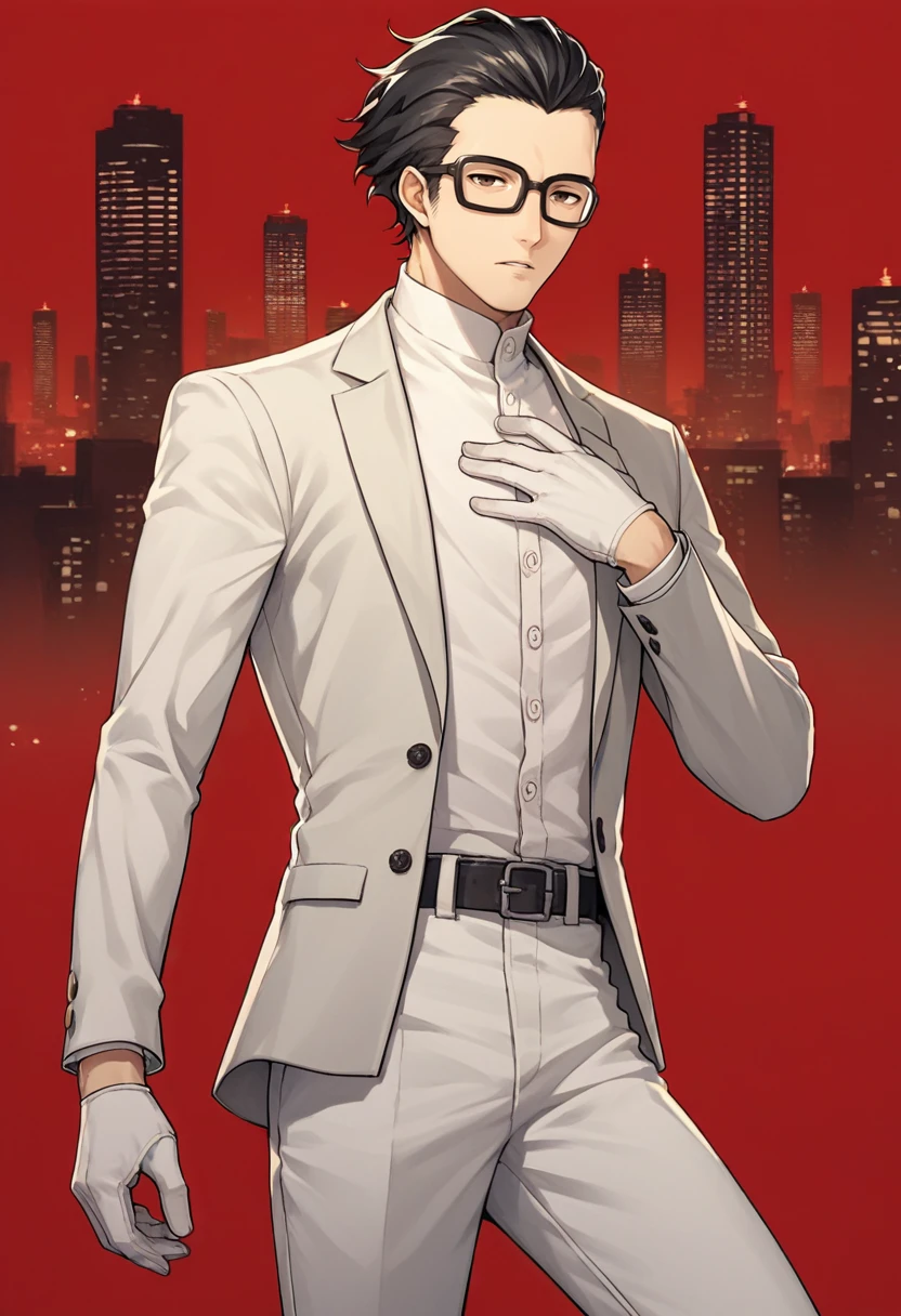 score_9, score_8_up, score_7_up, source_anime, 1boy, solo, cowboy shot, looking at viewer, half-closed eyes, parted lips, hand on own chest, <lora:MarukiP5-pdxl:1> marukiP5, glasses, hair slicked back, white suit, white pants, white gloves, red background, cityscape