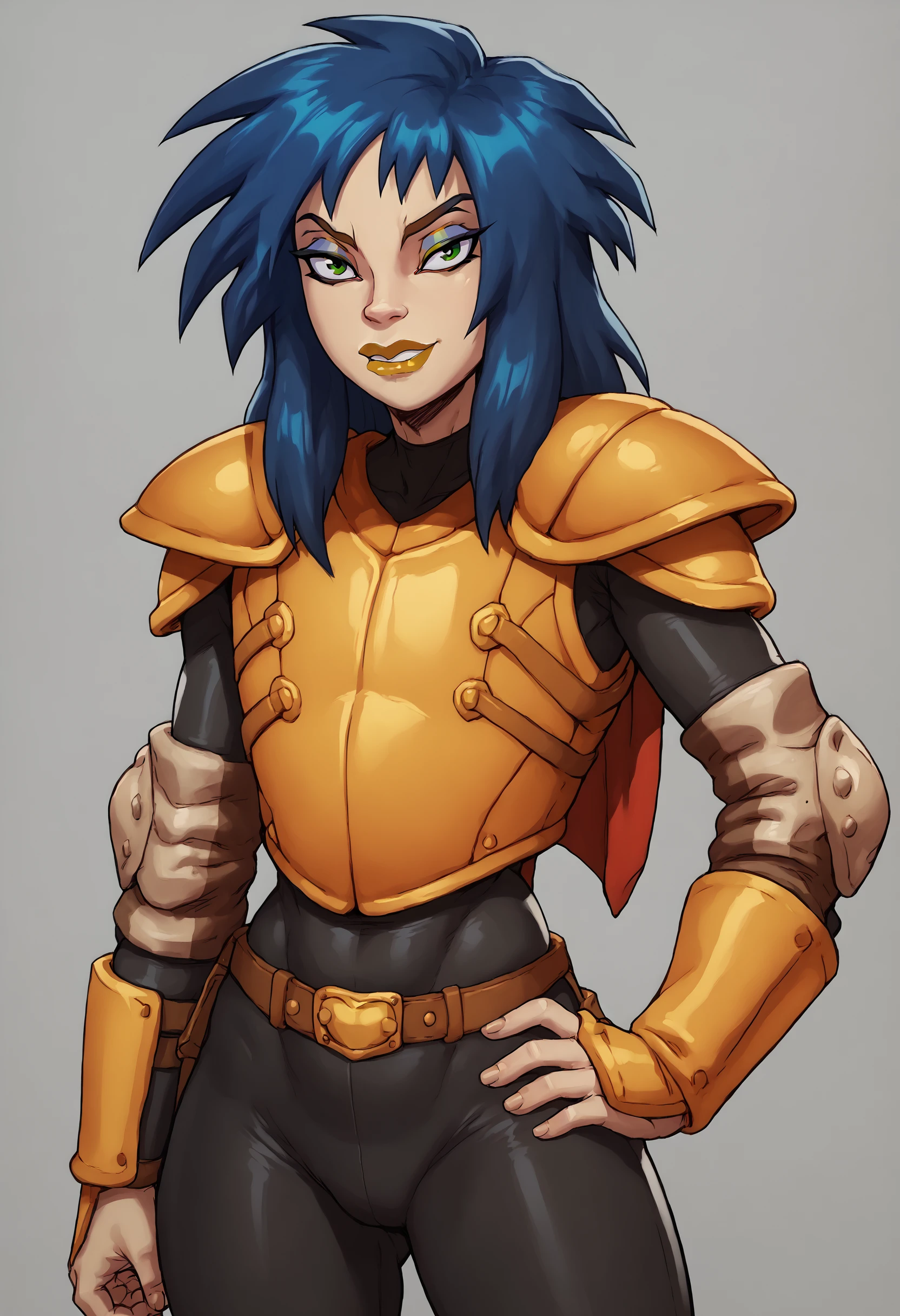 <lora:KylieGPony1.0:1> kylie, 1girl, solo, blue hair, makeup, green eyes, long hair, lipstick, shoulder armor, looking at viewer, armor, style parody, bodysuit score_9, score_8_up, score_7_up, score_6_up, score_5_up, score_4_up,looking at viewer, hand on own hip, standing, cowboy shot, grey background,