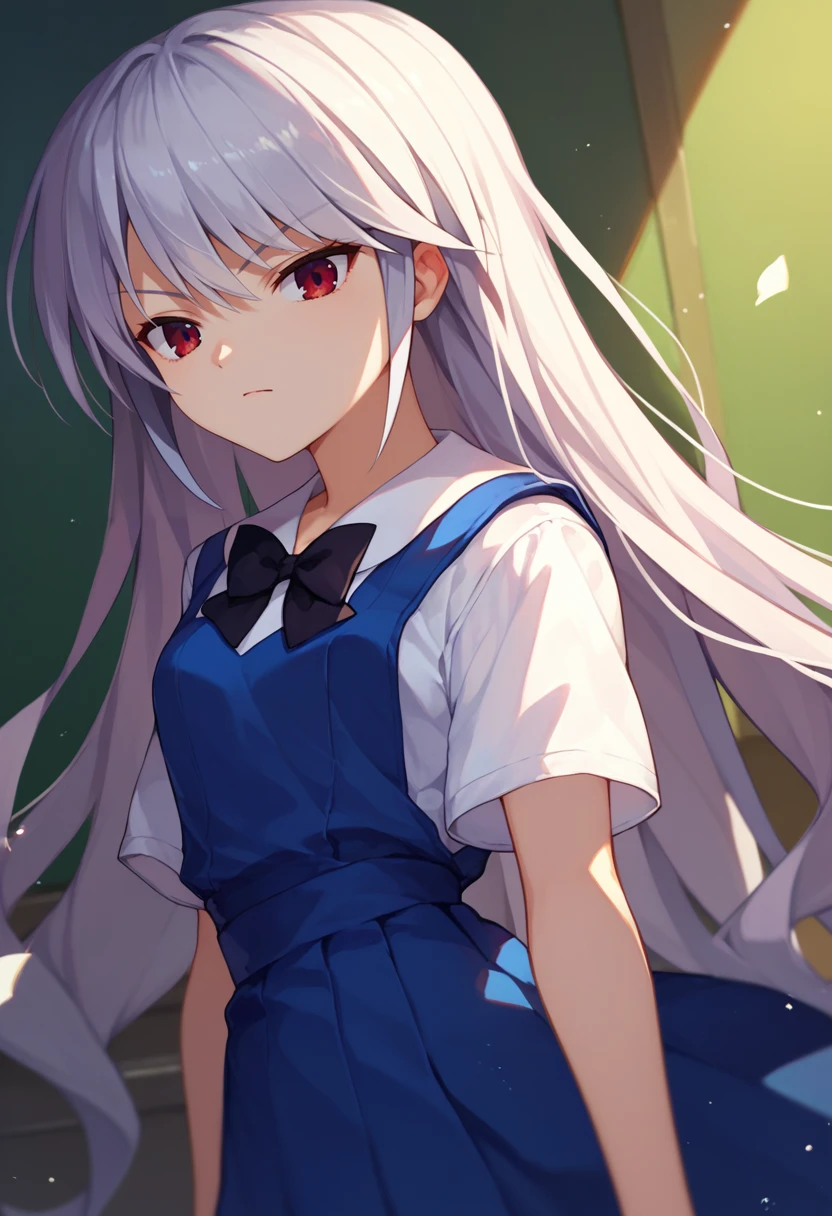 score_9, score_8_up, score_7_up, 1girl, kazami kazuki, silver hair, long hair, red eyes, blue school uniform, black bow, <lora:Kazuki DORA6-000006:1>