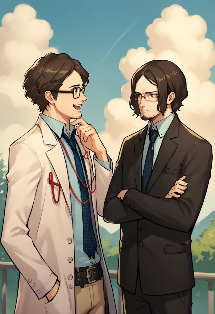 score_9, score_8_up, score_7_up, source_anime, outdoors, sky, cloud BREAK
1boy, looking at another, smile, open mouth, hand on own chin, <lora:MarukiP5-pdxl:1> marukiP5, glasses, labcoat, lanyard, blue shirt, necktie, stubble, belt, pants BREAK
1boy, crossed arms, looking to the side, frown, <lora:ZenkichiP5S-pdxl:1> defZenkichi, glasses, beard, formal, suit, jacket, necktie, pants