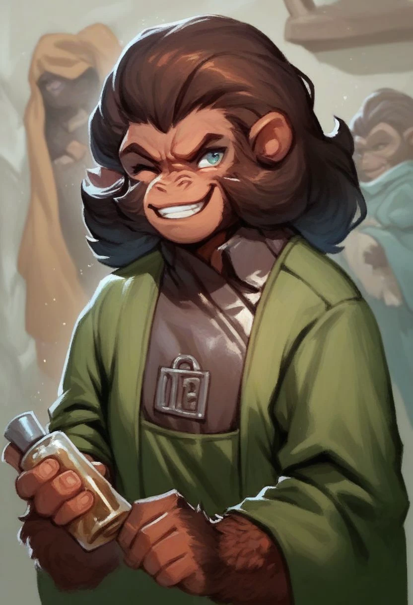 score_9_up, score_8_up, score_7_up, score_6_up, score_5_up, score_4_up, Dr_Zira, female anthro chimp, green and brown robe, in a laboratory, winking, sly grin, oil painting