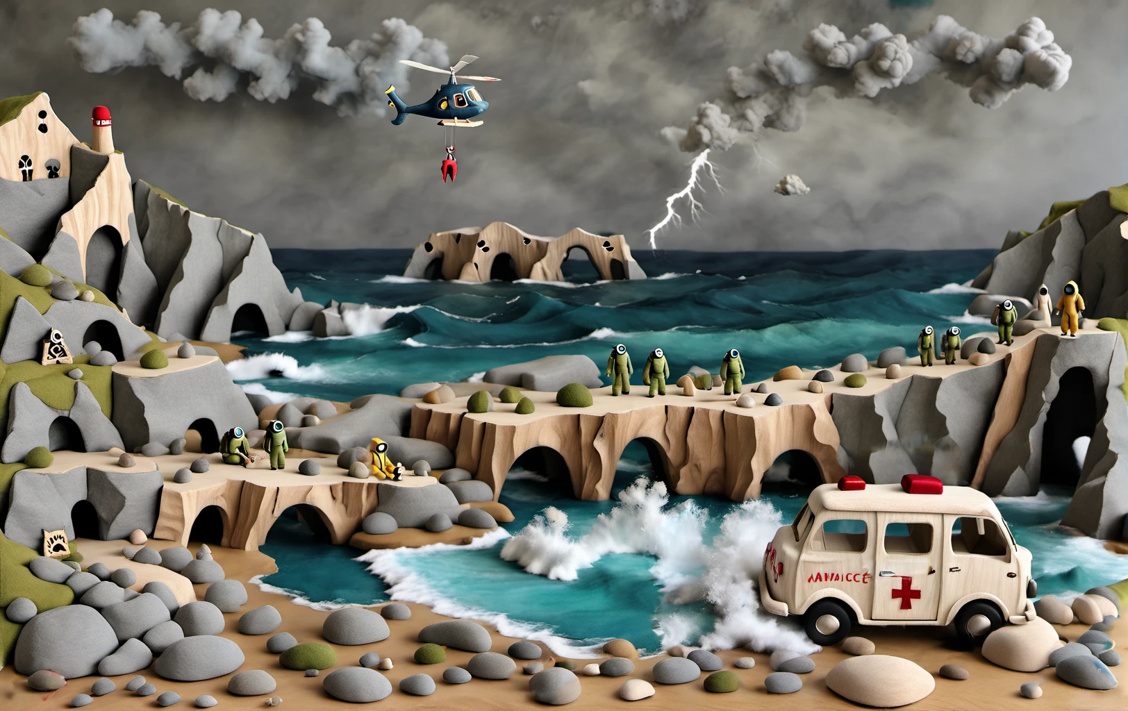 ((sc_toys))  <lora:toytown:0.9>   apocalyptic vision , waves crashing around an abandoned ambulance