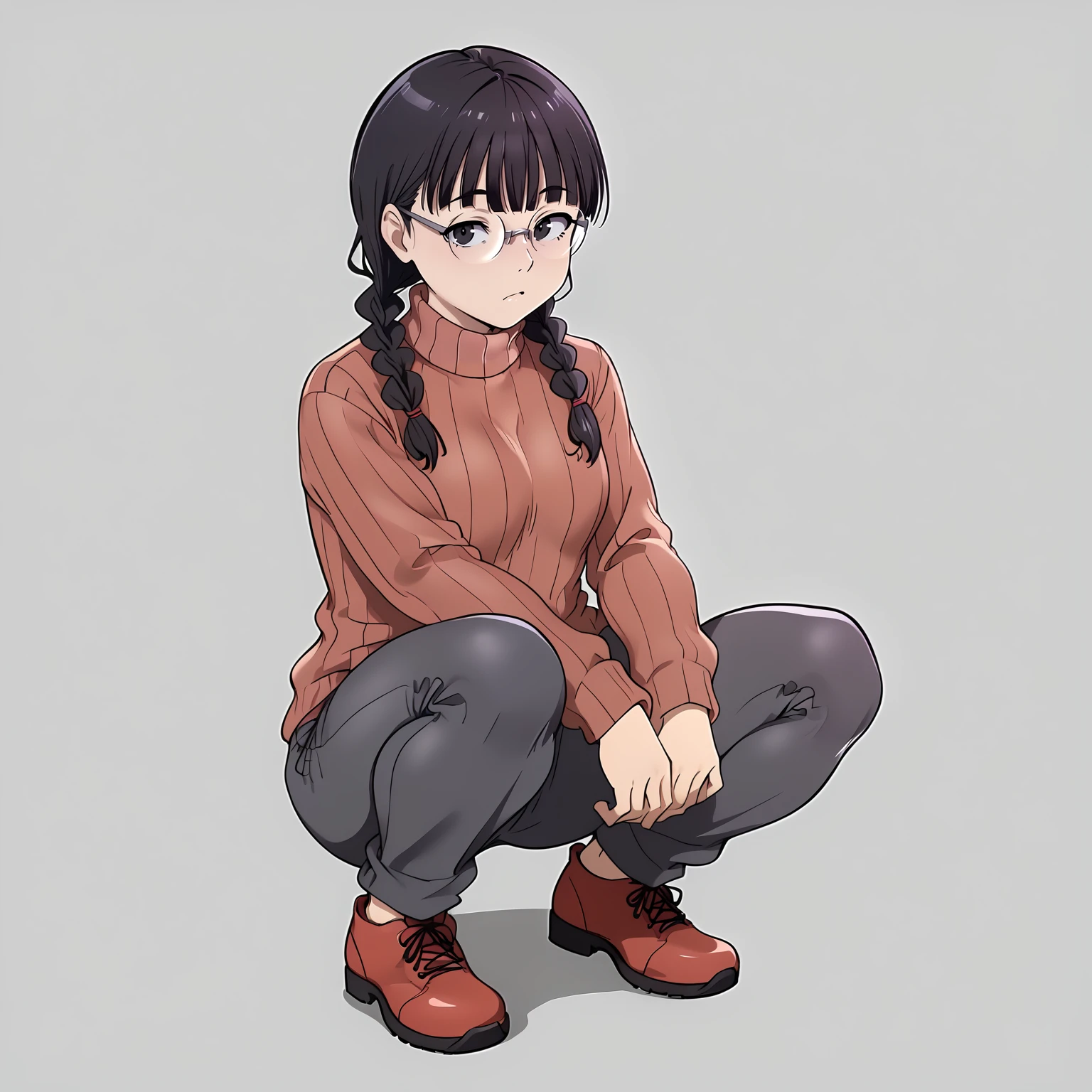 <lora:OTSMiyoshiXLpony001>,
solo,
OTSMiyoshi,1girl,black hair,twin braids,black eyes,eyewear,
sweater,
pants,
full body,squatting,