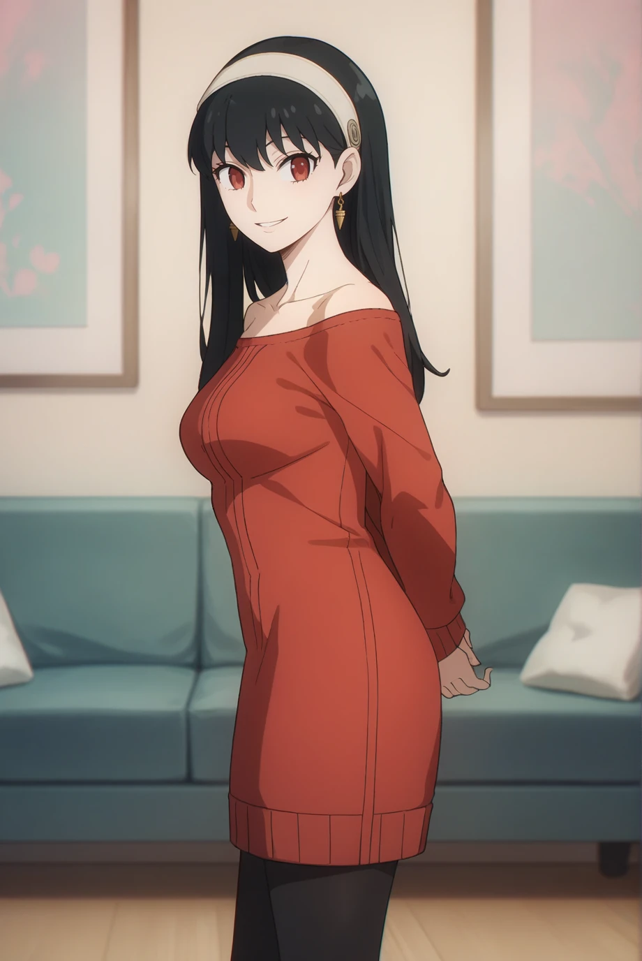 score_9, score_8_up, score_7_up, score_6_up, score_5_up, score_4_up, BREAK source_anime, 1girl, solo,
<lora:SpyxFamilyYorXL-v1-07:0.7>, ChopioYor, black hair, red eyes, gold earrings, looking at viewer,
long hair, straight hair, white hairband,
medium breasts, (thick thighs:0.6), 
outfit_2, bare shoulders, collarbone, red sweater, sweater dress, long sleeves, sleeves past wrists, off-shoulder sweater, black leggings,
living room, smile, parted lips, standing, legs, from side, arms behind back, leaning forward,