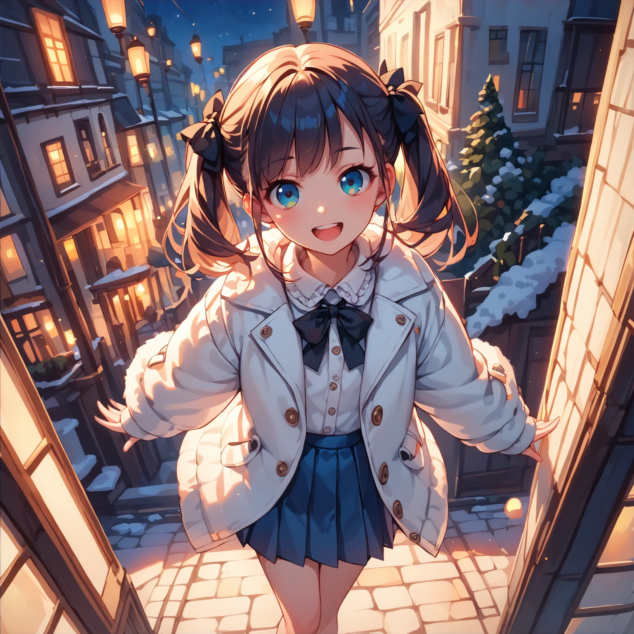 (score_9, score_8_up, score_8, score_9), 1girl, a noble school uniform, from above, dynamic pose, street, very happy, crowded, pov, looking at viewer, frilled shirt collar, pleated skirt, black ribbon, hair ribbon, white shirt, winter coat, cowboy shot, (standing on the Paris in night:1.2), (rule of thirds:1.2), vibrant colors