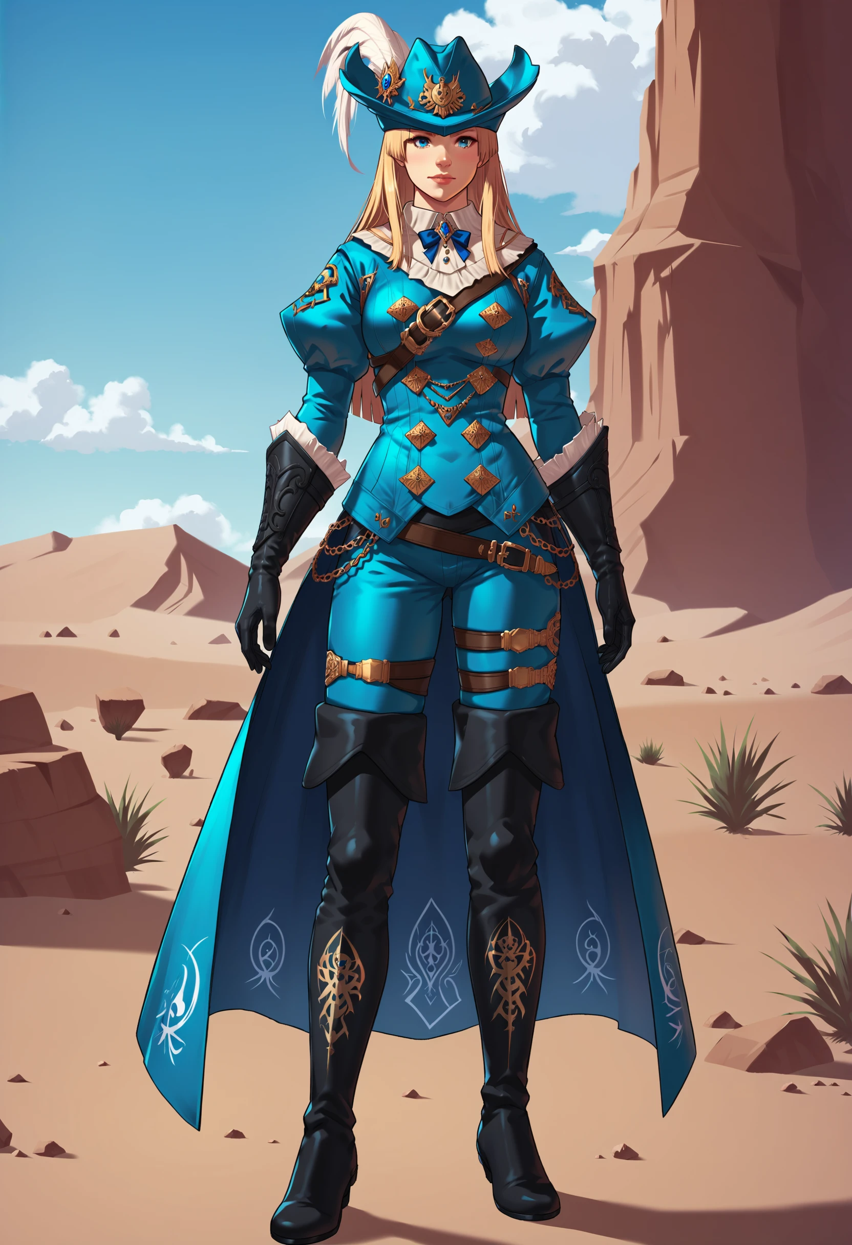 zPDXL,score_9, score_8_up, score_7_up, source_anime, 1girl, solo, full body, standing, desert,
blonde hair, blue eyes,  long hair, hime cut, 
rdmAf, duelist head, hat feather, duelist body, duelist gloves, duelist pants, duelist cape, duelist boots,  <lora:Duelists_Attire_FFXIV-Red_Mage_AF1:.75> (blue clothing:1.5)