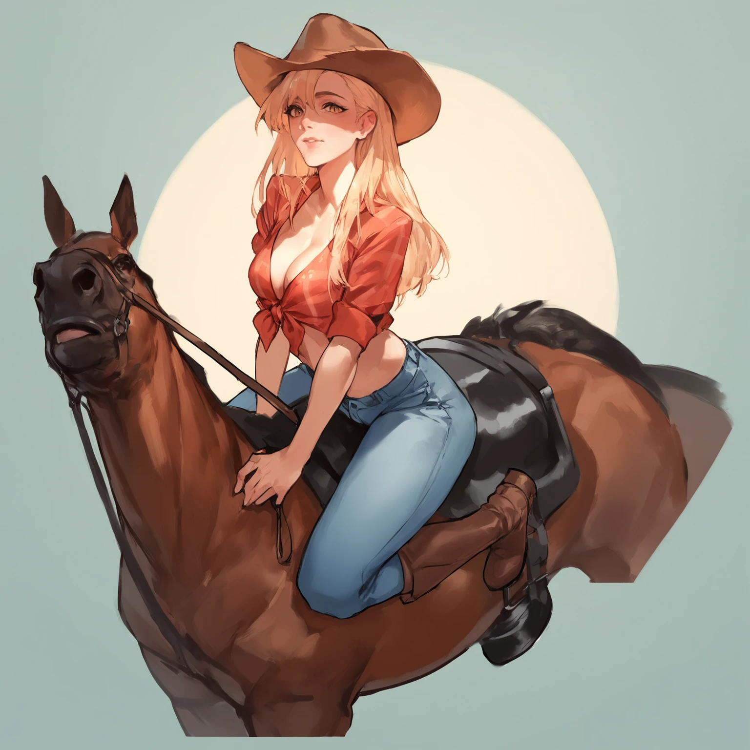 zPDXL, hi res
BREAK 1girl, horse, (riding:1.2), horseback, straddling back, jeans, boots, tied shirt, cowboy hat, saddle, stirrups, full body, holding reins
<lora:leander_ponyXL_v10:0.6> <lora:scoreSlider_ponyXL_v10:1> <lora:polki_ponyXL_v10:0.8>