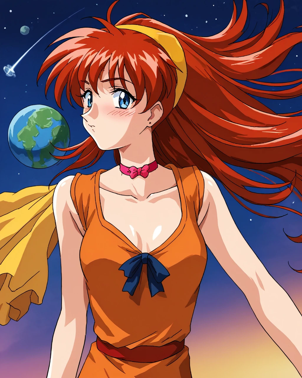 score_9, score_8_up, score_7_up, source_questionable, <lora:VIPER_Only_6-000013:1> v1p3r1seV6, blush, Akira, red hair, yellow choker,
1girl,  standing on an planet, upper body shot, in a marine outfit, large comet, rising moons in the background, eyes turned to viewer,
<lora:sdxl_lightning_8step_lora:1>