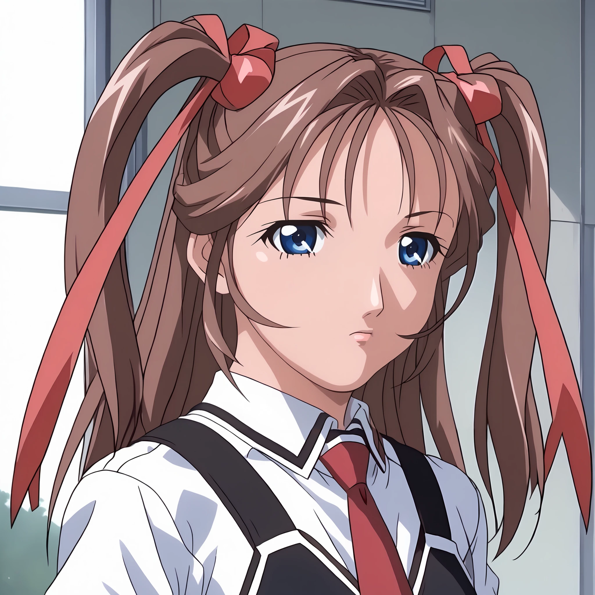 <lora:YukiToudouXLpony003>,
solo,
YukiToudou,1girl,brown hair,two -side up,hair ribbon,red ribbon,blue eyes,
school uniform,white shirt,strap,vest,red tie,