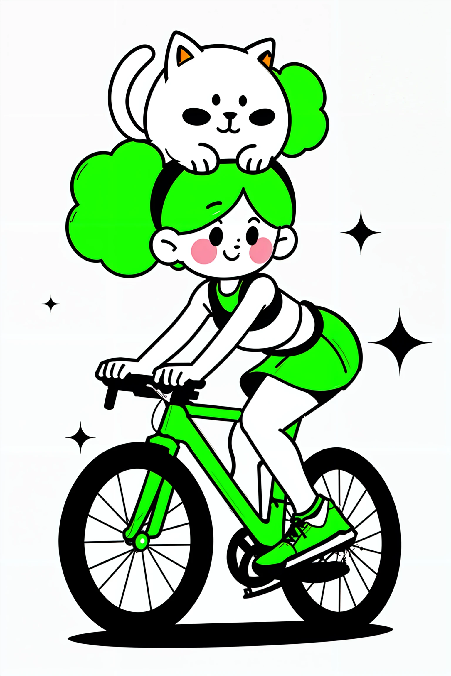 ((masterpiece)), best quality, perfect anatomy,8K wallpaper,
mStroke, 1girl, ride on a bicycle, 1cat on head, simple background, white background, green short skirt, smile, green hairband, white sneakers, green socks, bangs, twintails, white crop top, floating hair, partially colored, dynamic poses,dot eyes, red cheeks, shadow, sparkle, green footwear,
<lora:MStroke_v1:0.7>