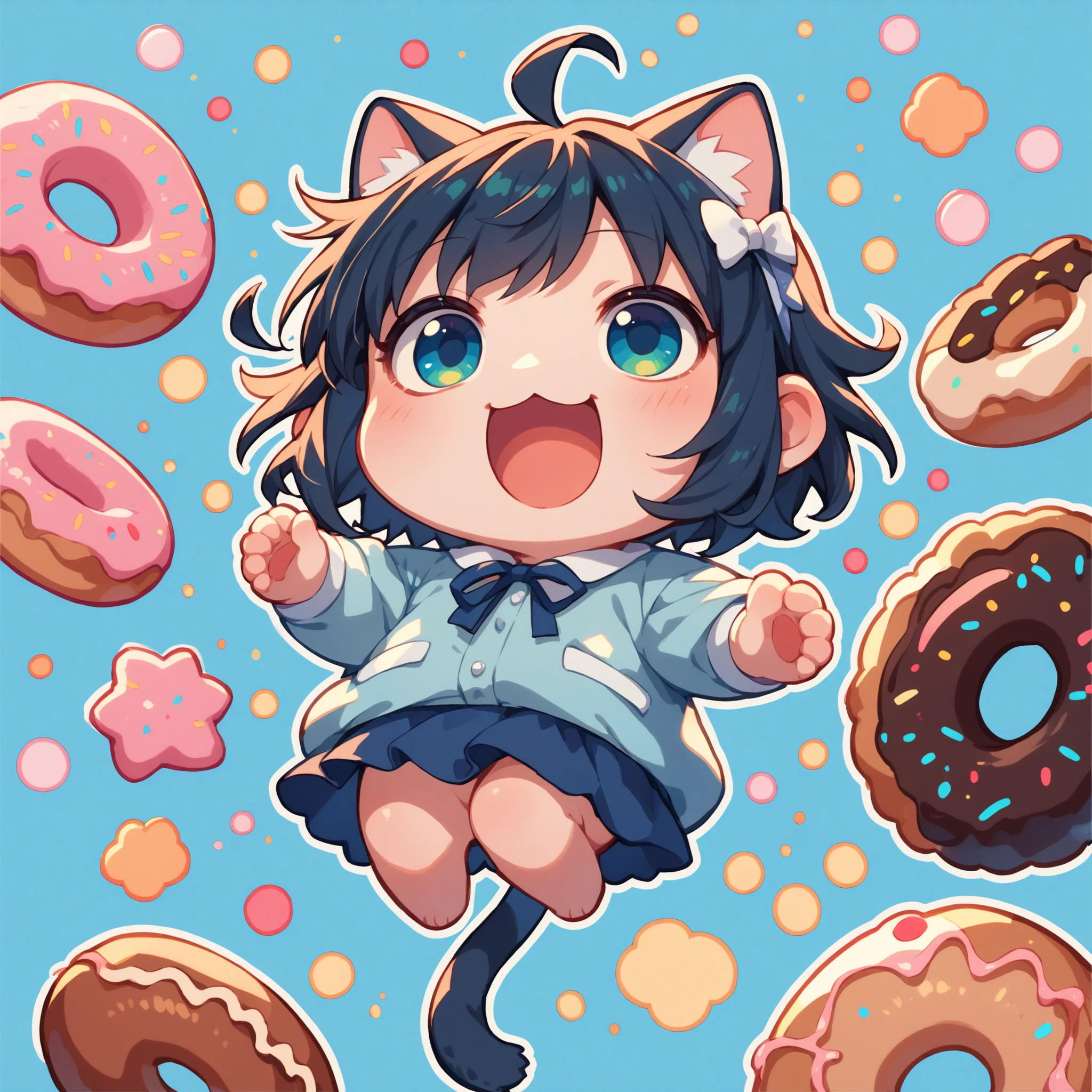 score_9, score_8_up, score_8, score_9, blue background, polka dot background, (chibi:1.2), 1girl, (solo), full body, (jitome:1.2), jumping, big mouth, open mouth, happy, doma umaru, cat ears, flying donuts