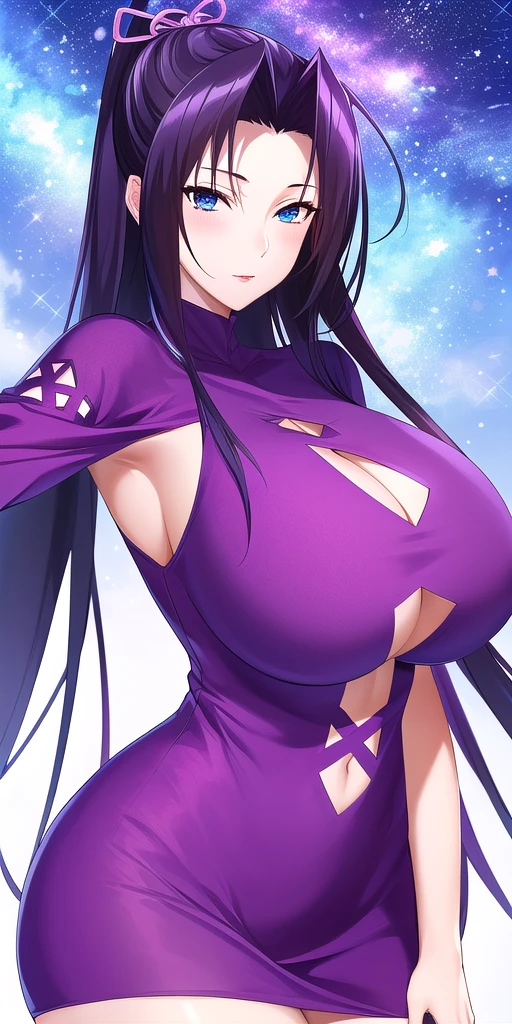 <lora:KazehanaV2:0.7> kazehanasekirei, huge_breasts,  standing, solo, purple_turtleneck_short_dress_wide_sleeves_clothing_cutout_cross-laced_clothes, starry_sky,, masterpiece, best_quality, detailed_face, detailed_eyes, highres, beautiful, detailed, absurdres,