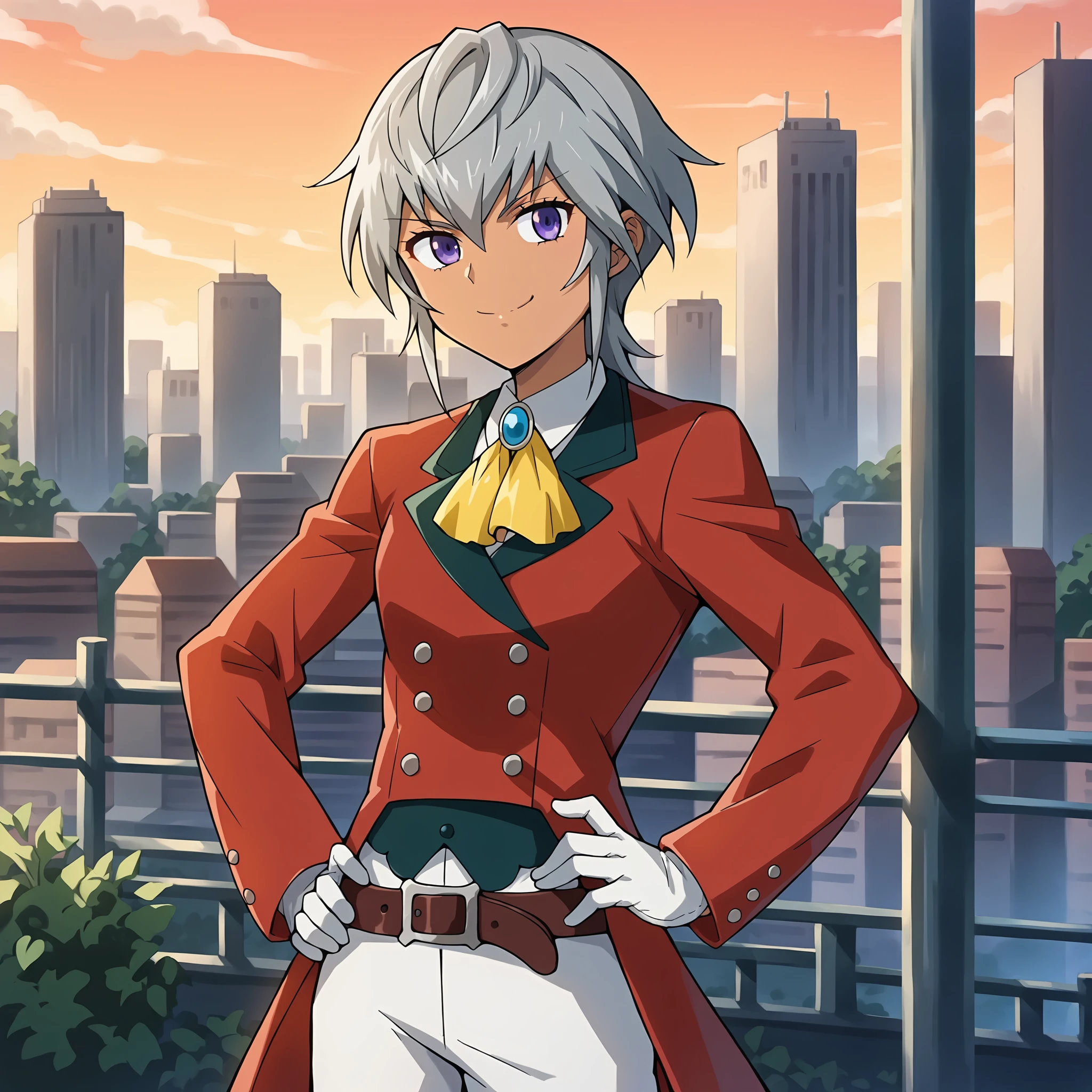 score_9, score_8_up, score_7_up, score_6_up, score_5_up, score_4_up, BREAK source_anime,city,outdoor,smile,standing,put hands on hips, <lora:Mutsuba_Asana_V1:1>Mutsuba Asana, short hair, gray hair, purple eyes, dark skin,white collared, collared shirt, long sleeves, belt, red jacket, red tuxedo, yellow ascot,blue brooch, white pants, black boots, white gloves