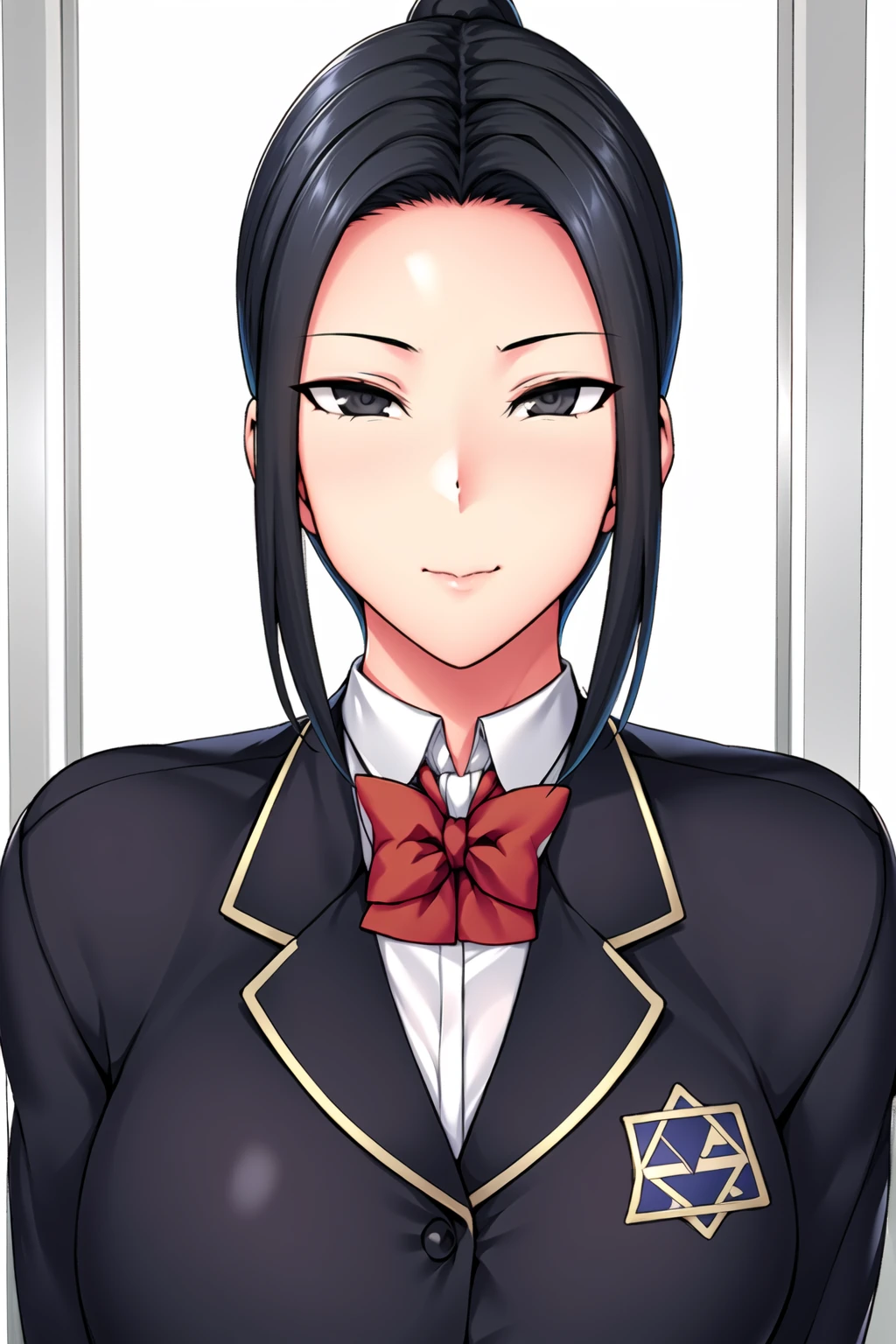 Simple White Background,
dynamic pose,standing at attention,
school_uniform,Blue_jacket,red_bowtie, pleated_skirt,thighhighs,black legwear,long sleeves,
<lora:Tsukishima_Chihane_Saiminseishidou-KK77-V1:0.7>,
black eyes, black hair,bangs,long hair,
<lora:Oda_Non_Style-KK77-V2:0.3>,<lora:more_details:0.1>,<lora:SaiminSeishidou_Lesson_Style-KK77-V1:0.3>,
1 girl, 20yo,Young female,Beautiful long legs,Beautiful body,
Beautiful Nose,Beautiful character design, perfect eyes, perfect face,expressive eyes,perfect balance,
looking at viewer,(Focus on her face),closed mouth, (innocent_big_eyes:1.0),(Light_Smile:0.3),
official art,extremely detailed CG unity 8k wallpaper, perfect lighting,Colorful, Bright_Front_face_Lighting,White skin,
(masterpiece:1.0),(best_quality:1.0), ultra high res,4K,ultra-detailed,
photography, 8K, HDR, highres, absurdres:1.2, Kodak portra 400, film grain, blurry background, bokeh:1.2, lens flare, (vibrant_color:1.2),professional photograph,
(Beautiful,large_Breasts:1.2), (beautiful_face:1.5),(narrow_waist),