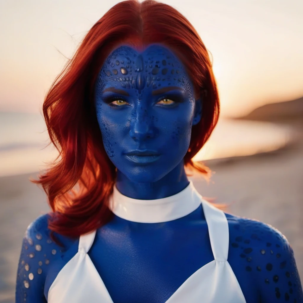 cinematic close up face portrait of woman with blue body paint and red hair, white dress with a belt, beach, sunset <lora:Mystique1024:0.8> . 35mm photograph, film, bokeh, professional, 4k, highly detailed