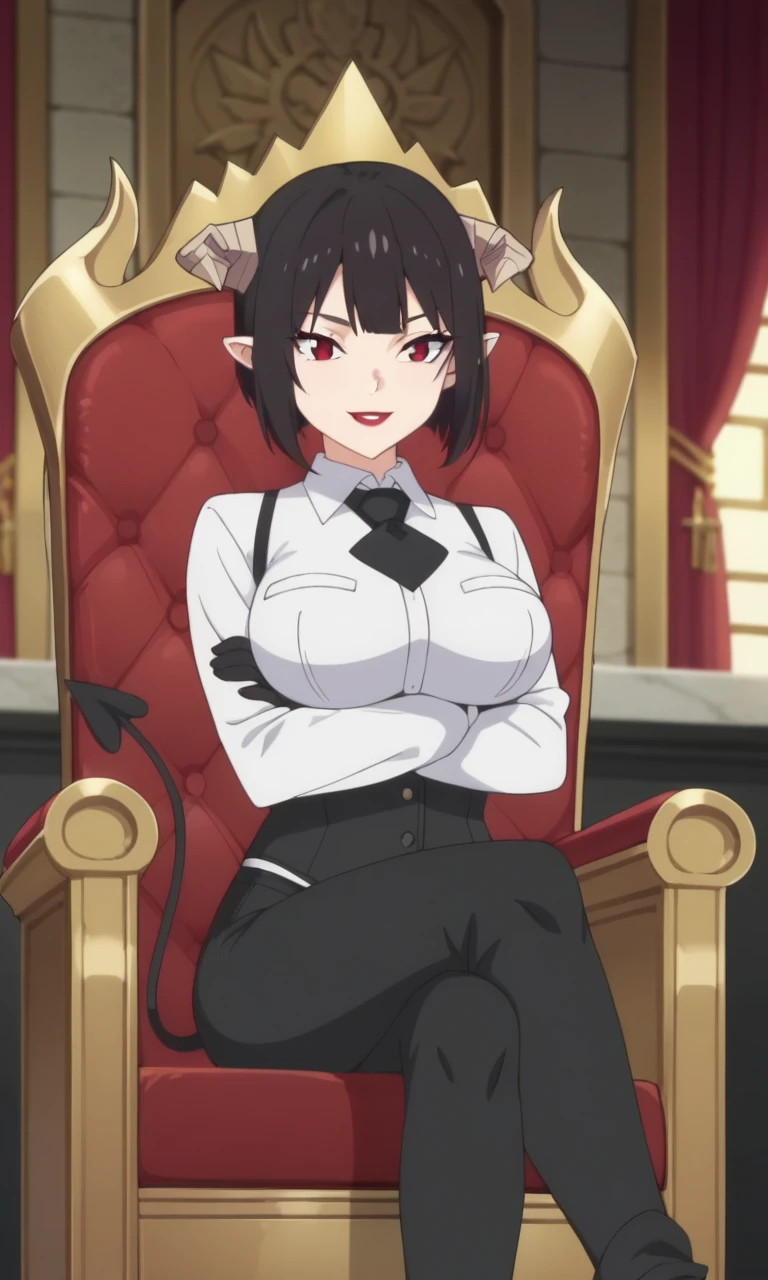 score_9, score_8_up, score_7_up, 1girl, <lora:torture_tortura:1> torturaxl, red eyes, black hair, short hair, pointy ears, facial mark, black gloves, large breasts, red lips, demon horns, demon tail, black pants, black corset, white shirt, collared shirt, long sleeves, black necktie, vest, demon girl, crossed arms, cross legs, sitting,
throne, throne room, smile, cowboy shot, indoors, room, natural light, dynamic shadows, anime style, screencap