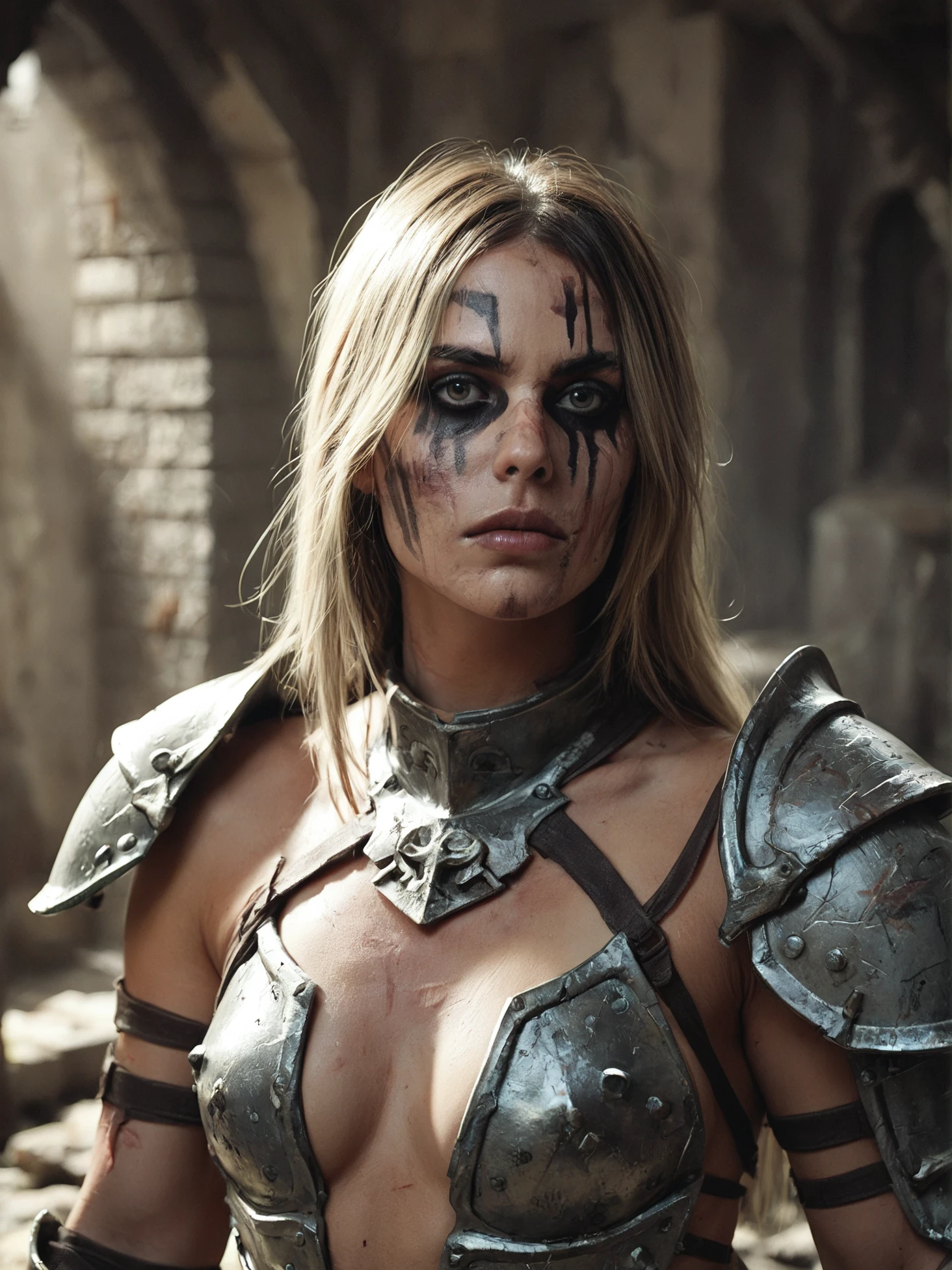 score_9, score_8_up,score_7_up, score_6_up, score_5_up, score_4_up, portrait, 1girl, skimpy armor, scar, warrior, looking at viewer, rim lighting, facepaint, abandoned dungeon