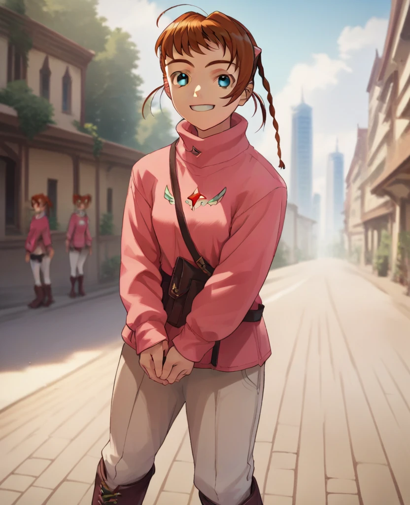 <lora:ArikaPony1.0:1> ArikaYumemiya, 1girl, solo, brown hair, standing,blue eyes, outdoors,  boots, long sleeves, pink shirt, smile,standing, looking at viewer,upper body,   score_9, score_8_up, score_7_up, score_6_up, score_5_up, score_4_up , <lora:Smooth Anime Style LoRA XL:1>