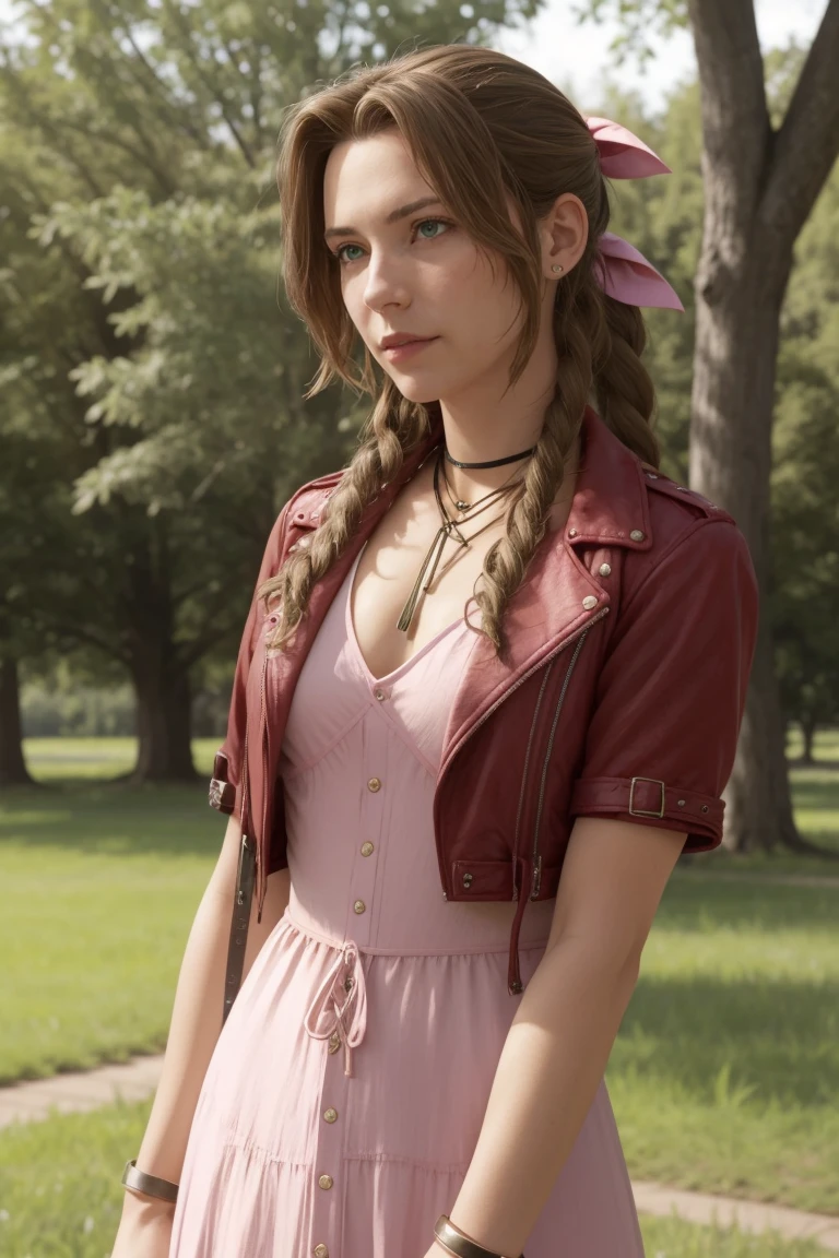 <lora:aerith-nvwls-v1:1> aerith gainsborough, choker, cropped jacket, hair bow, bracelet, pink dress, (ultra realistic, 8k,high quality), above the waist photo