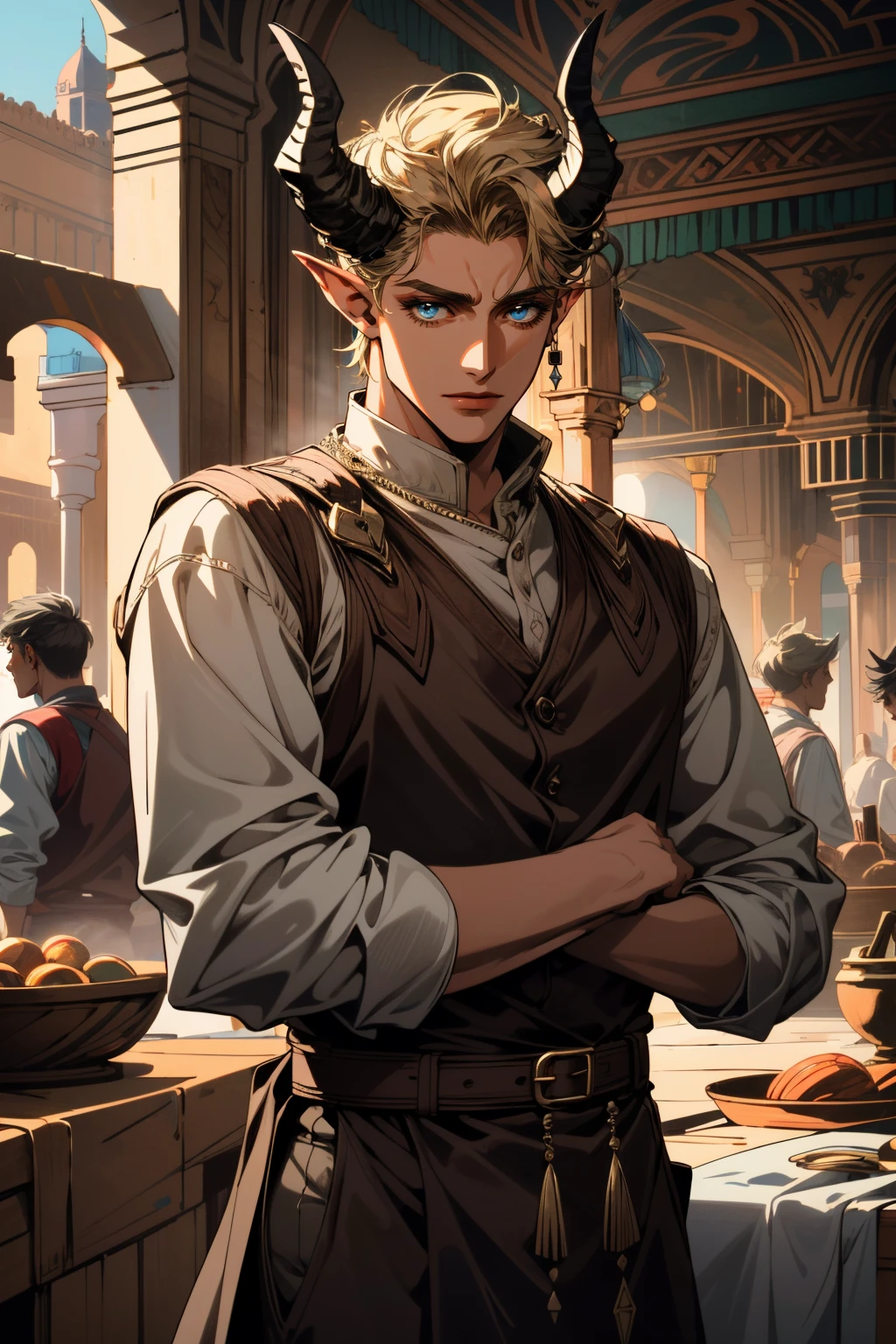 ((ultra detailed, masterpiece, absurdres))
<lora:BGDammon:0.8>
BGDammon, 1boy, short hair, blonde hair, blue eyes, horns, Vibrant Moroccan Marketplace with Intricate Tiles