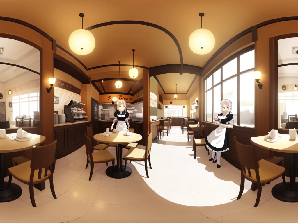 Create an anime-style VR360 image depicting a maid café. The scene should be vibrant and lively, featuring multiple tables with patrons being served by waitresses in traditional maid outfits. The interior design of the café should include cute, thematic decorations typical of a maid café, such as frilly curtains, plush furniture, and themed wall art. Ensure that the left and right sides of the image seamlessly connect to form a continuous loop, enhancing the immersive 360-degree experience. The atmosphere should be cheerful and inviting, with detailed expressions on characters to reflect a pleasant café environment. <lora:sanbaro:0.8>