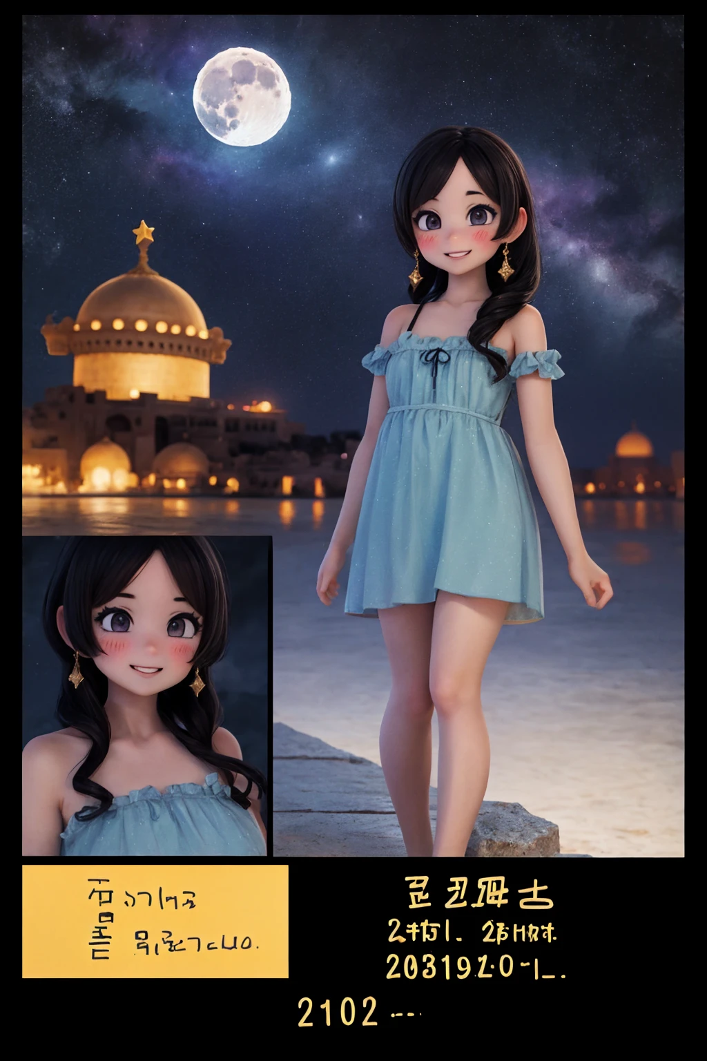 (((text, numbers, graphics))), masterpiece, ultra-detailed, best quality, illustration, 8k cg wallpaper, an extremely delicate and beautiful, 1girl, Princess Jasmine /(Aladdin/), solo, perfect anatomy, smiling, blushing, dark skin, perfect arms, perfect legs, cute, pretty, beautiful, sexy, perfect body, (background: Arabian city, Arabian buildings, night sky, moon, stars, intricately detailed items in background), <lora:ATC:1>