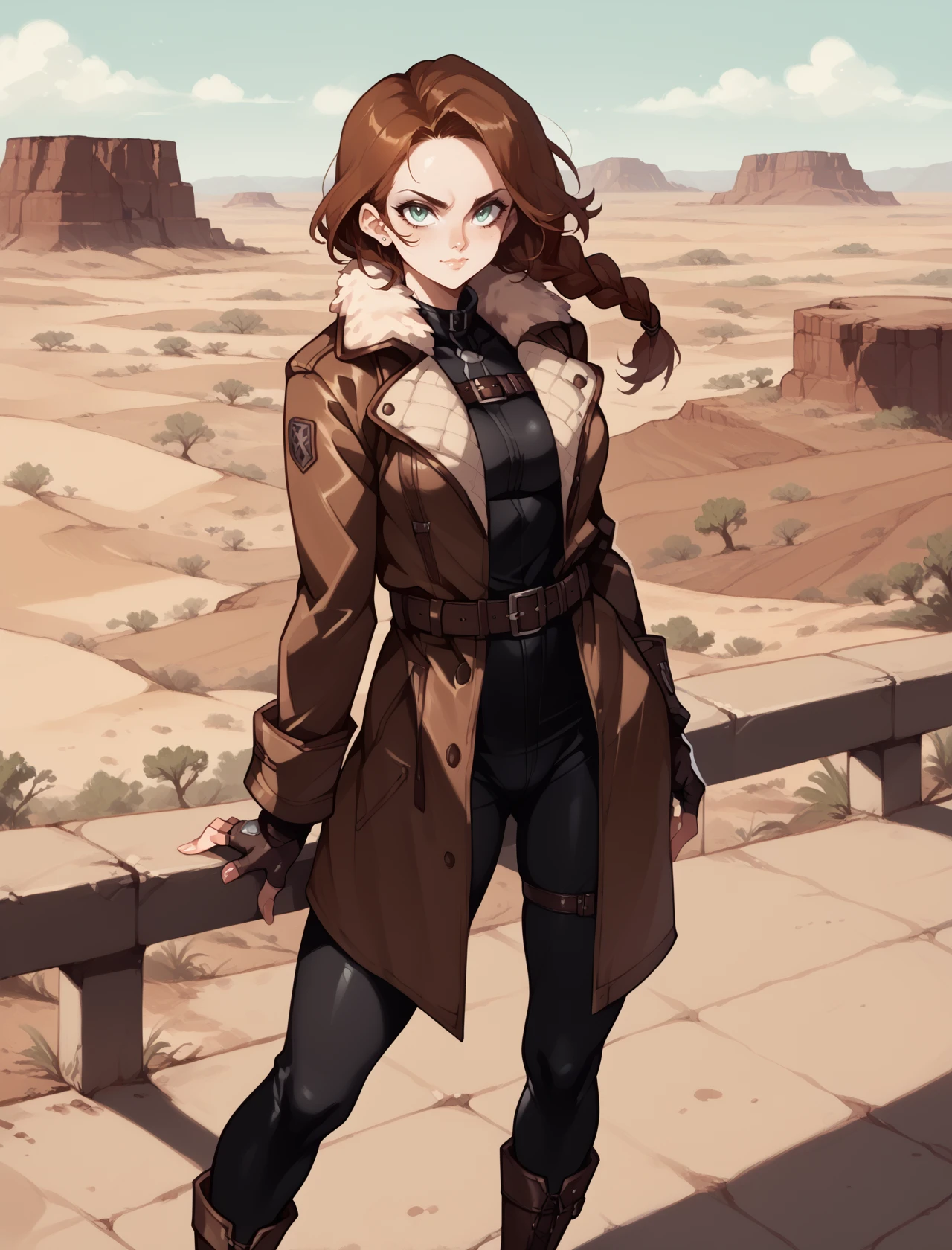 (score_9_up, score_8_up), score_7_up, 1girl, portrait of a girl, Reddish-brown hair,single braid hair, wearing a brown leather coat, fur, belt, fingerless gloves, boscoat,black tight jumpsuit, fur collar, long coat, long combat boots,  half body, Leaning on a wall with one leg bent looking contemplative, looking at viewer,<lora:BOSBattlecoat:0.9>, wasteland desert, <lora:epic_anime_scenery_v0_1:0.75> <lora:[GP] Optionaltypo style [Pony XL]:0.7>