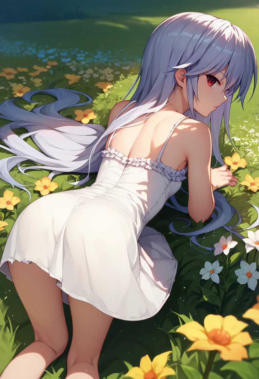 score_9, score_8_up, score_7_up, 1girl, kazami kazuki, silver hair, long hair, red eyes, white sundress, flower field, from behind, bent over, looking at viewer, <lora:Kazuki DORA6-000007:1>