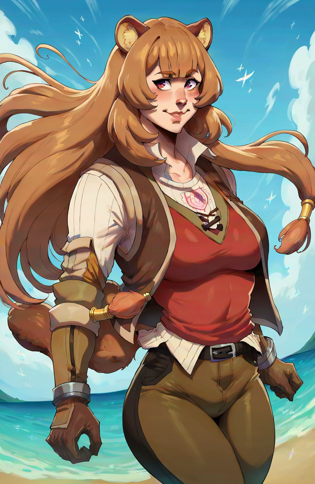 <lora:rpwstyle_PNY:0.8> rpwstyle, 1girl, raphtalia, long hair, brown hair, raccoon ears, shirt, vest, leather pants, blue sky, wind, ocean,, score_9, score_8_up, score_7_up, score_6_up, score_5_up, score_4_up, ponypositive,