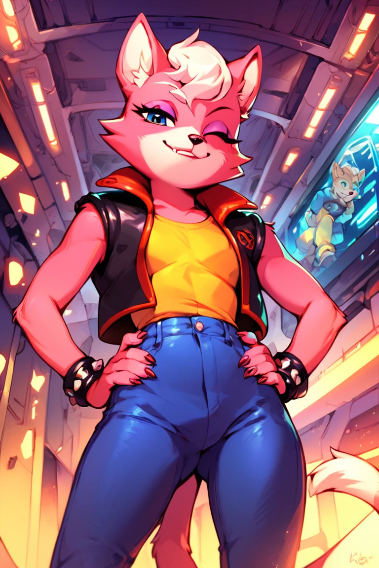 score_9, score_8_up, score_7_up<lora:Katt_Monroe_Starfox:1>, Katt monroe, furry, in spaceship, standing, wink, seductive smile, hands on own hips