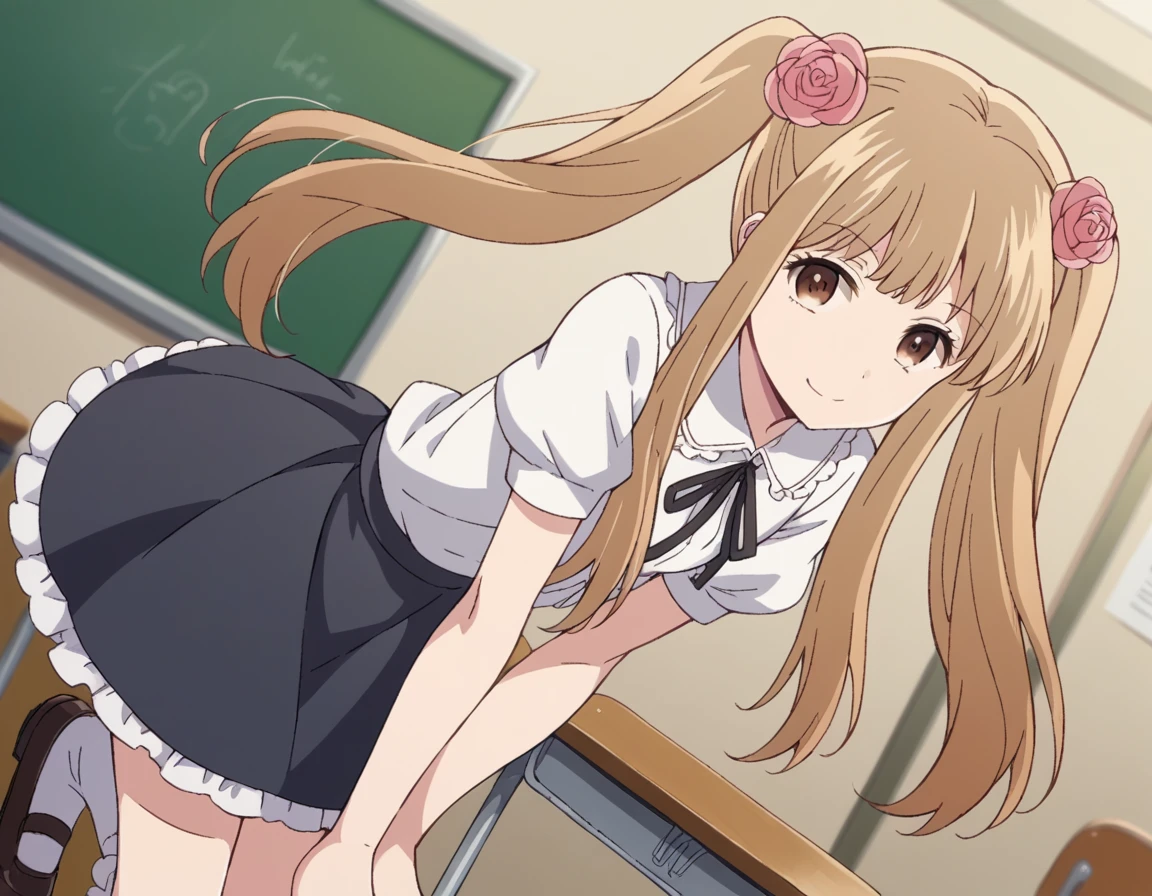 score_9, score_8_up, score_7_up, source_anime,
norikokamomebata, <lora:noriko-kamomebata-s1-ponyxl-lora-nochekaiser:1>,
noriko kamomebata, long hair, blonde hair, brown hair, hair ornament, twintails, brown eyes, flower, hair flower,
skirt, shirt, ribbon, short sleeves, frills, shoes, socks, puffy sleeves, black skirt, neck ribbon, white socks, mary janes, frilled socks,
indoors, classroom, bent over, smile,
looking at viewer, cowboy shot, dutch angle, solo,