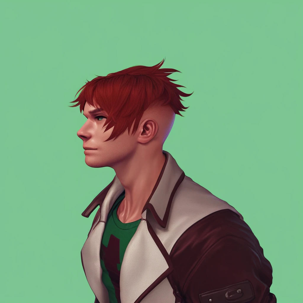 rpskxzt, solo, red hair, green background, 1boy, male focus, simple background,  upper body, jacket, short hair, score_9, score_8_up, score_7_up, score_6_up, score_5_up, score_4_up