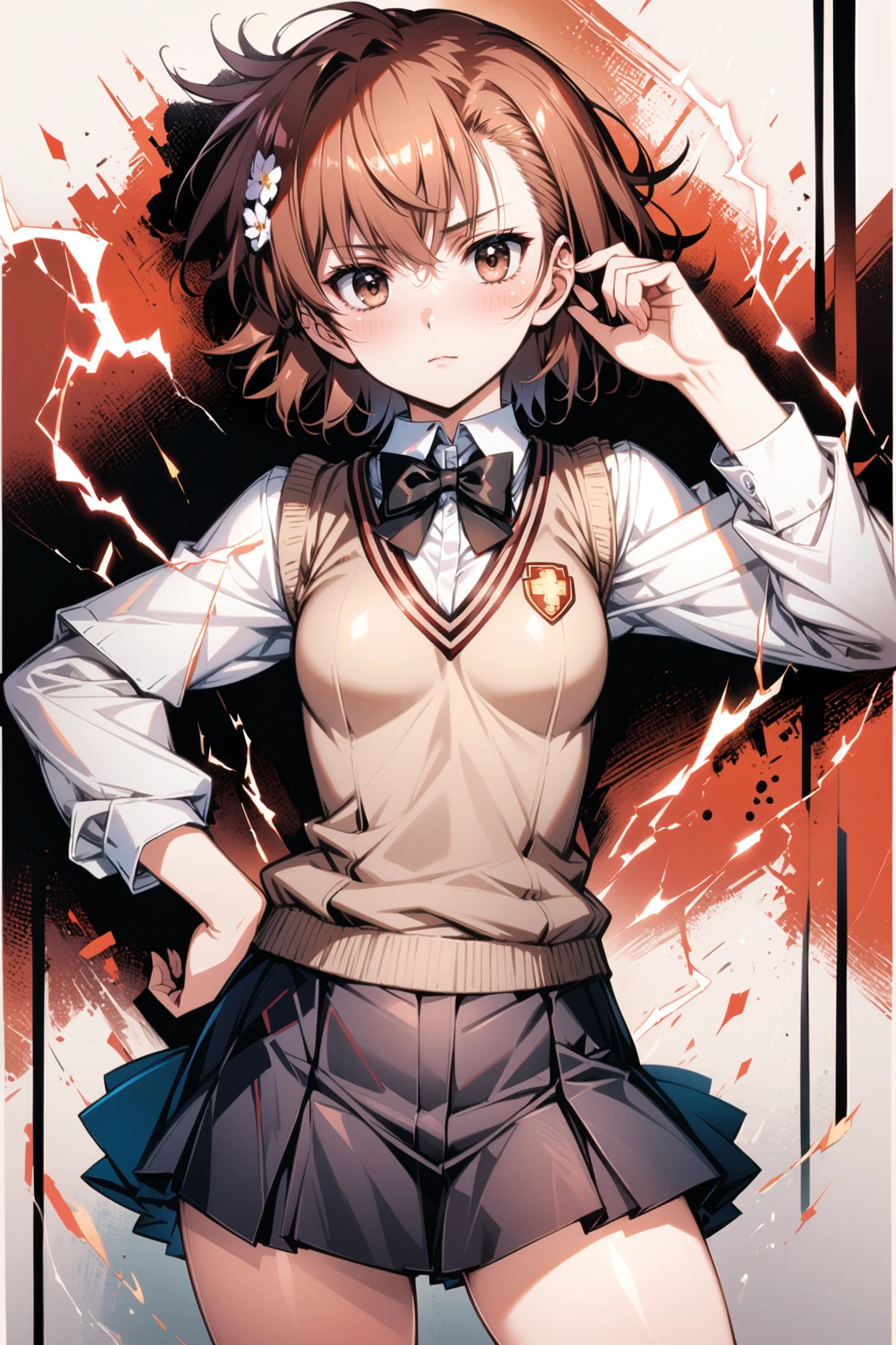 1girl,misaka mikoto,skirt,solo,brown hair,brown eyes,hair ornament,bow,pleated skirt,looking at viewer,short hair,hand on hip,bowtie,school uniform,tokiwadai school uniform,electricity,long sleeves,bangs,black skirt,blush,shirt,breasts,cowboy shot,closed mouth,hair flower,white shirt,sweater vest,electrokinesis,black bow,black bowtie,thighs,<lora:flyx3_XL:1>,