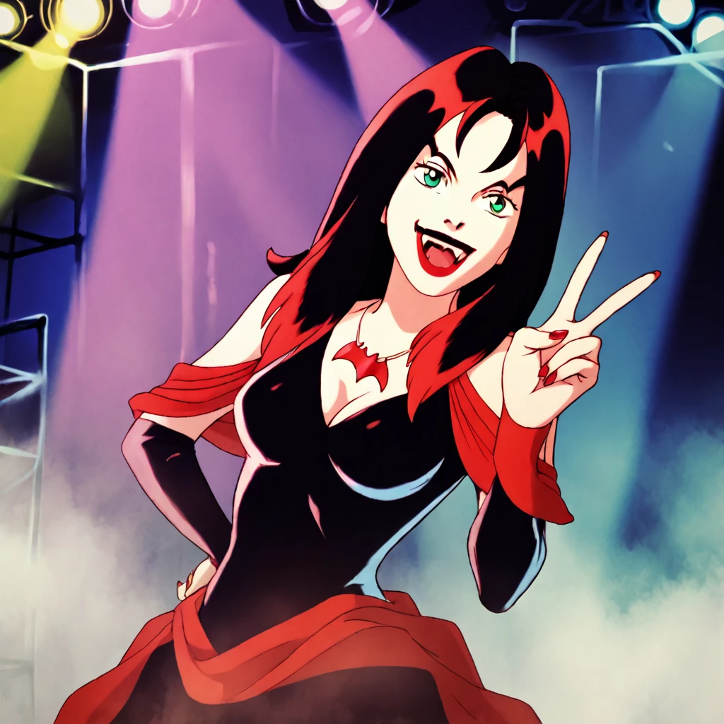 1girl,solo,full body,<lora:HexGirlsV1:1>,thorn(character),red highlights,fangs,smile,looking at viewer,green eyes,vampire dress,necklace,hands up,V,standing on stage,1980s \(style\),, (score_9,score_8_up,score_7_up), anime style, beautiful detailed skin, beautiful eyes, detailed face, best quality, high quality,