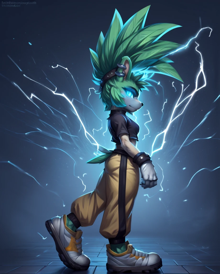 surge the tenrec, gloves, sleeveless shirt, yellow pants, shoes, glowing eyes, electrogenesis, side view, looking at viewer, ring piercing, by rabbitbrush,by wildcardshuffle,by kitora,  <lora:SurgeTheTenrec-021-Polyfur-e050:1>